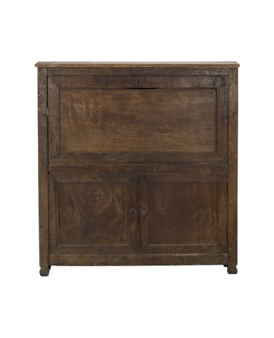 Vintage French oak desk cabinet with fall front and two panel doors, original keyholes.