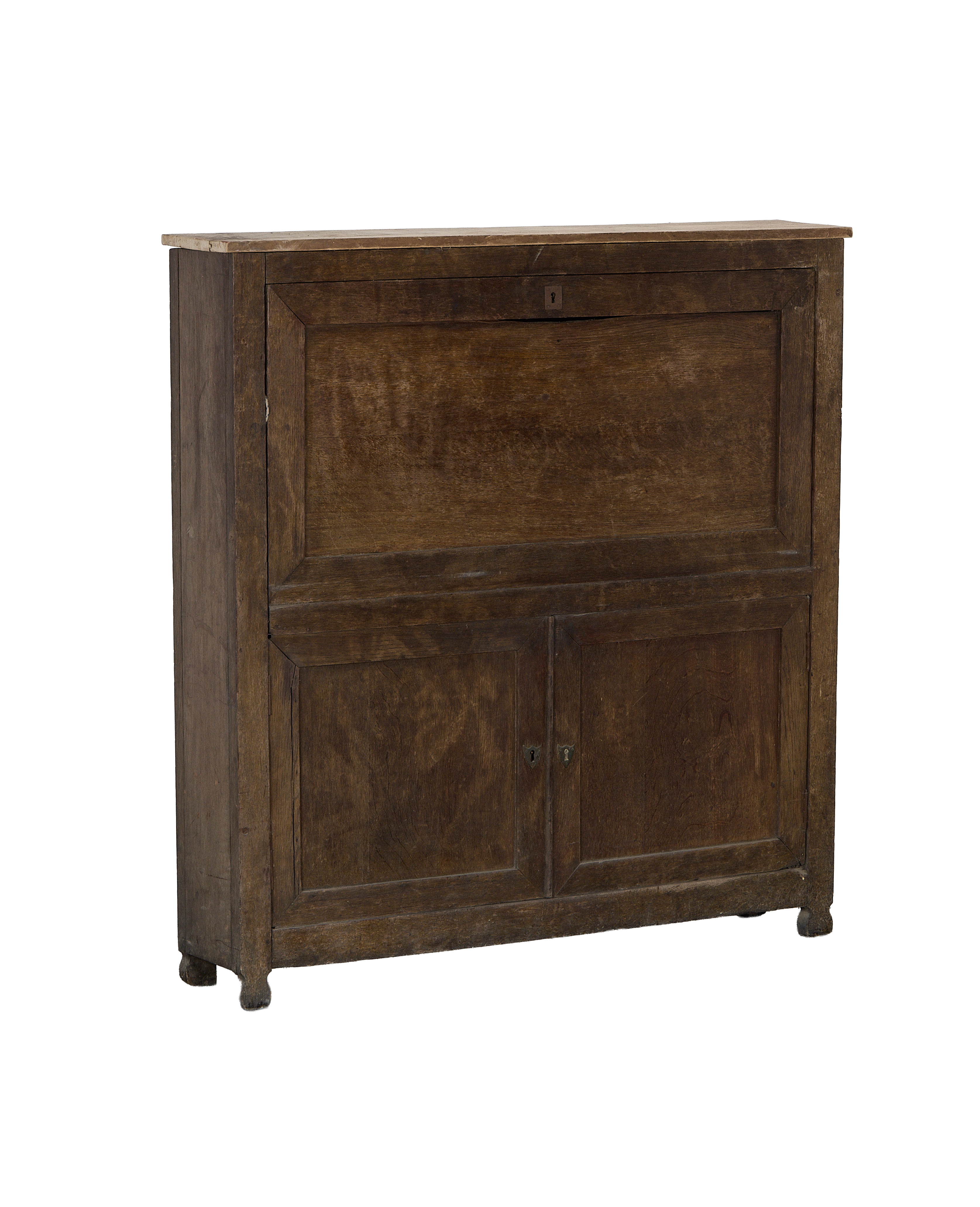 Vintage French oak desk cabinet, closed front with two keyholes and distressed finish.
