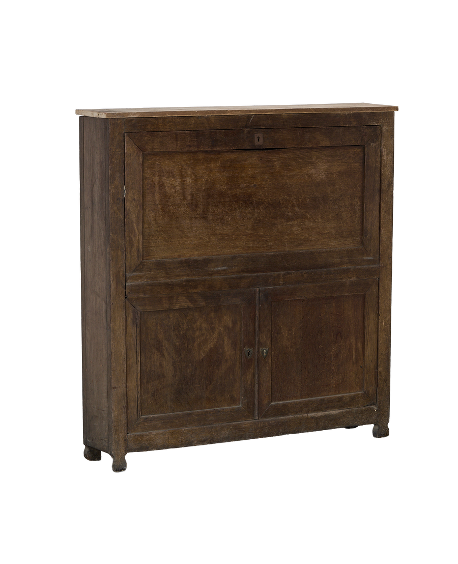 Vintage French oak desk cabinet, closed front with two keyholes and distressed finish.