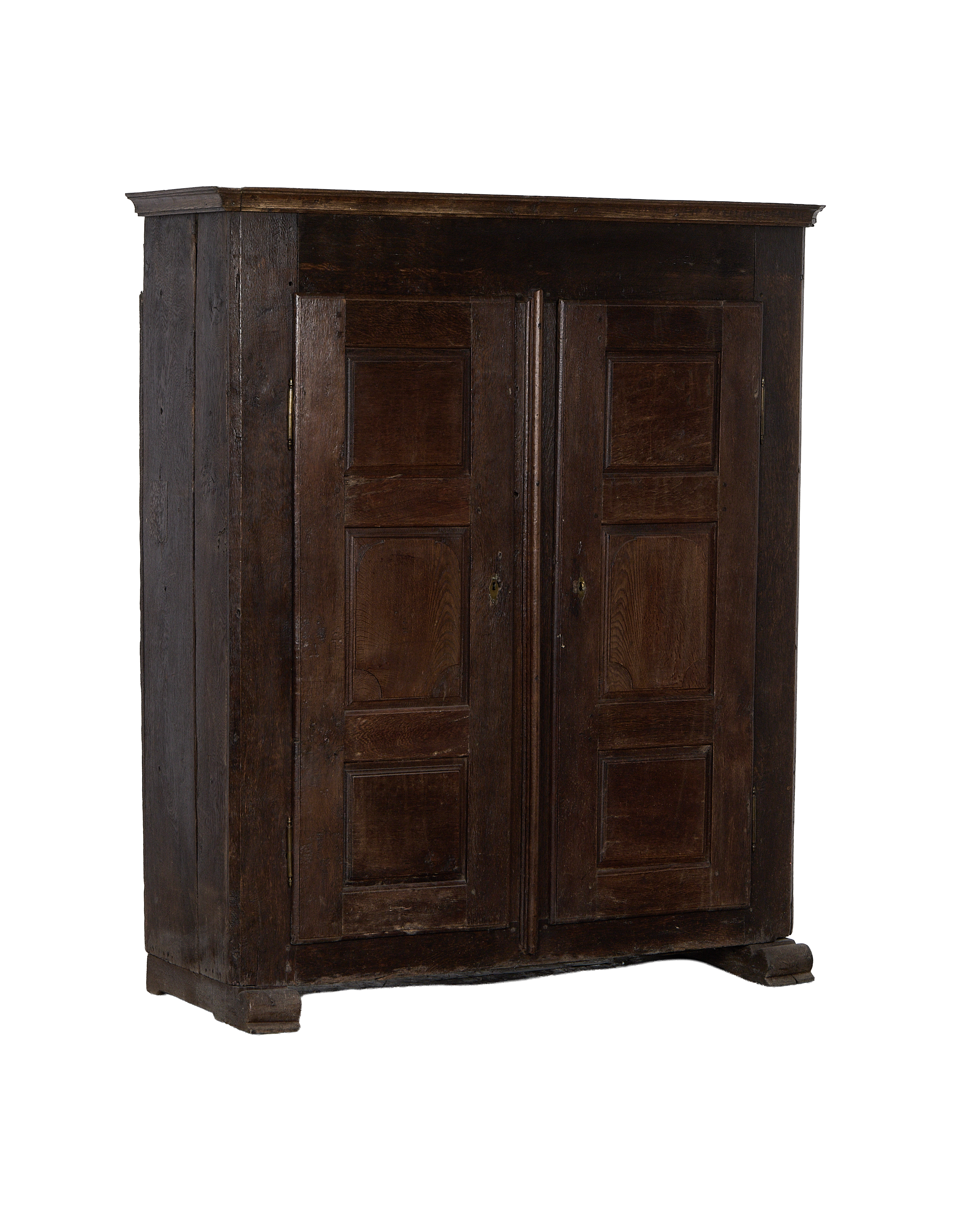 Vintage French 1850s oak cabinet, weathered wood doors with keyholes, from the front.