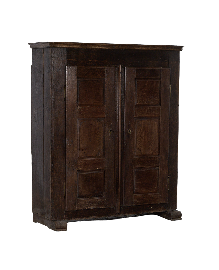 Vintage French 1850s oak cabinet, weathered wood doors with keyholes, from the front.