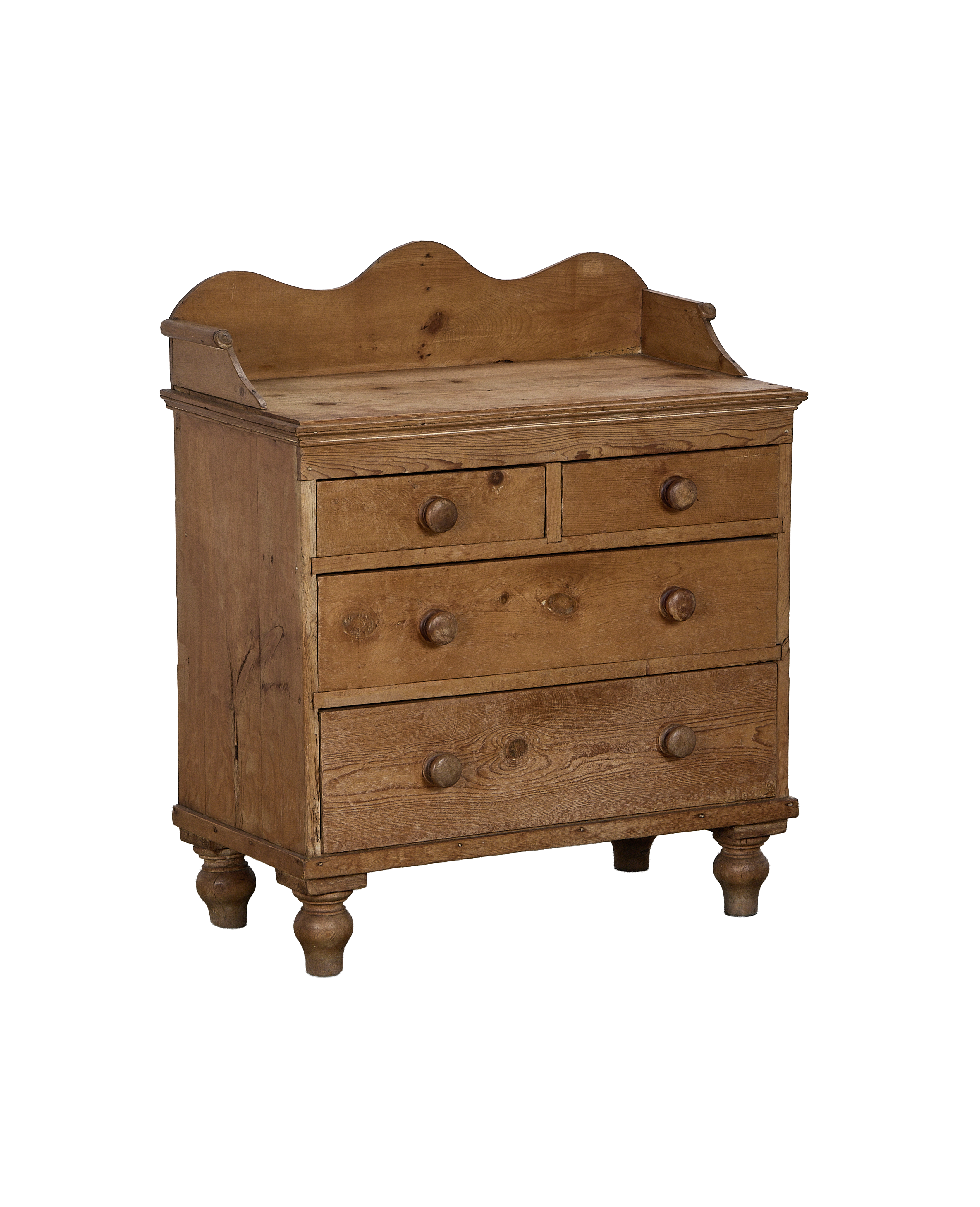 Vintage French pine chest of drawers, warm light oak finish, turned feet.