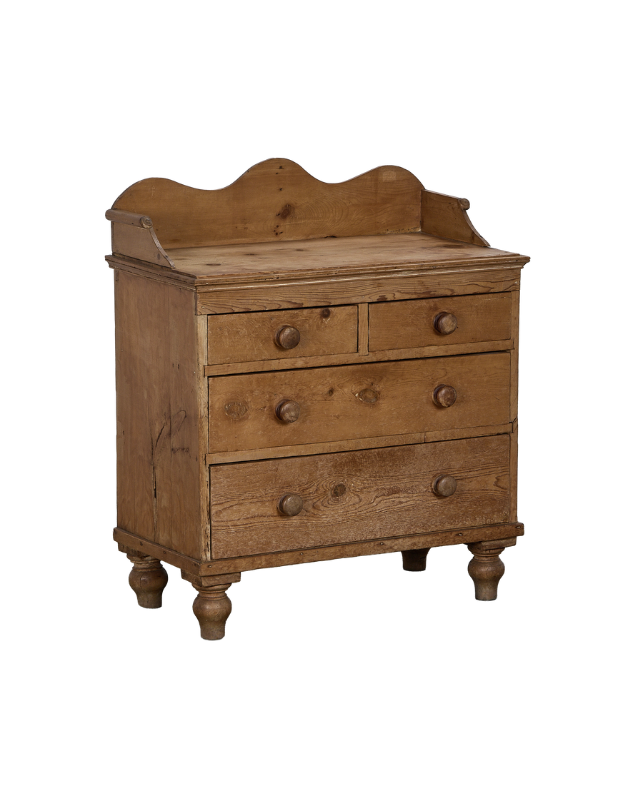 Vintage French pine chest of drawers, warm light oak finish, turned feet.