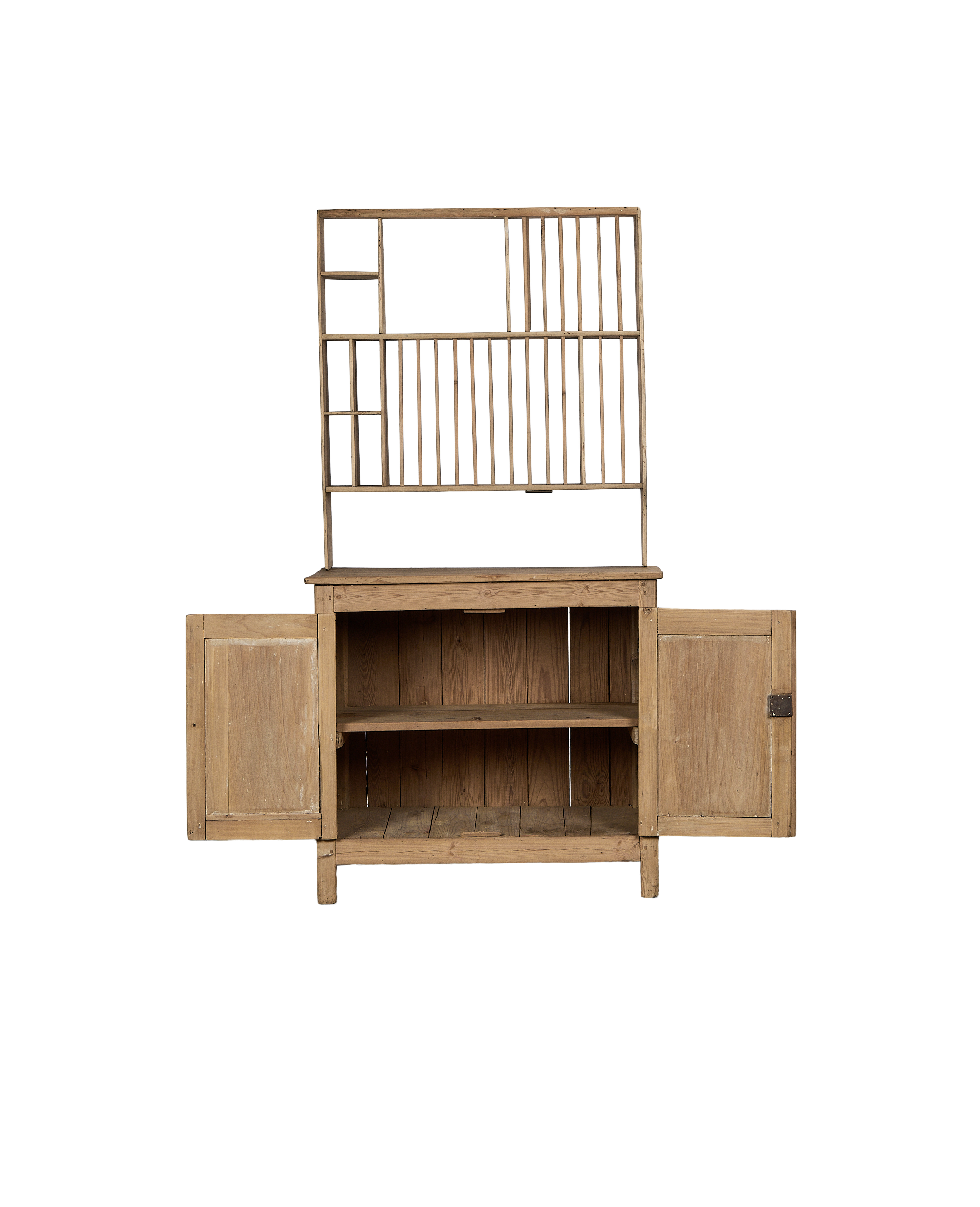 Vintage French Oak Pine Postal Cabinet, open doors revealing interior shelves.