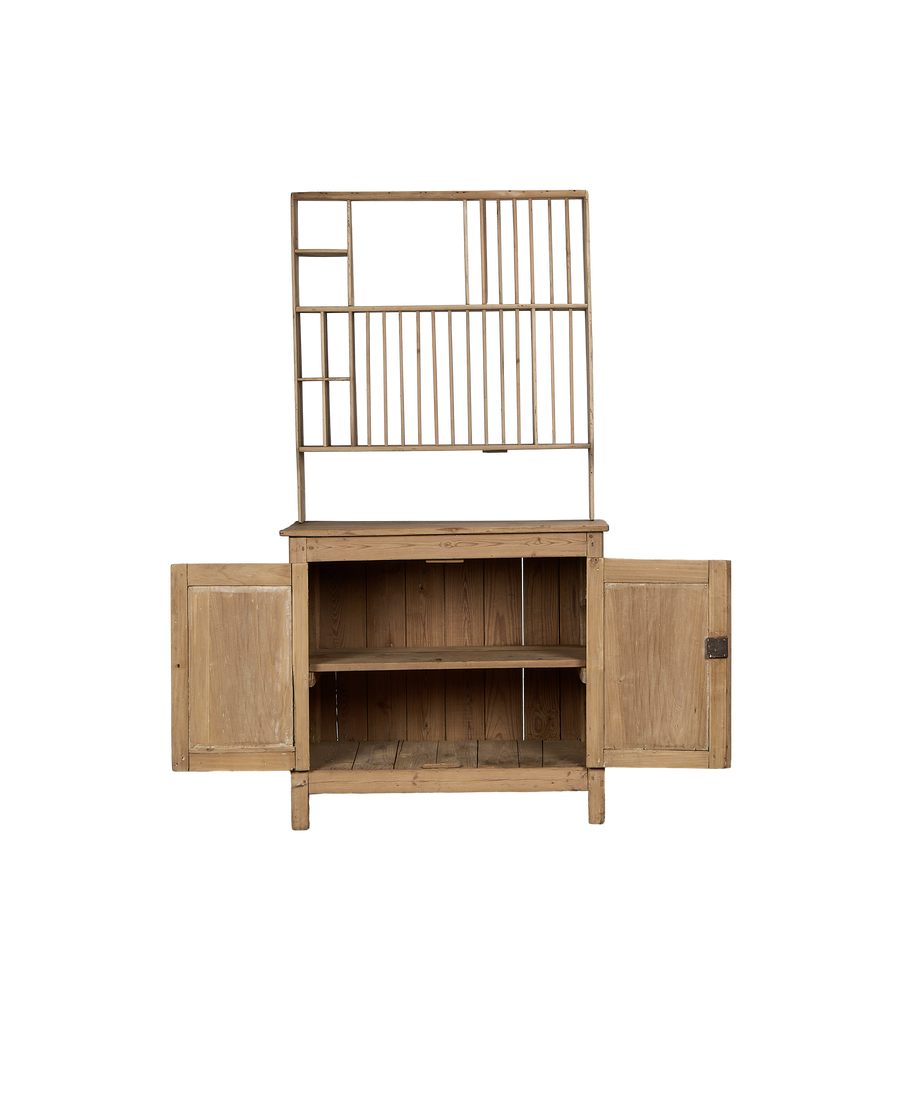 Vintage French Oak Pine Postal Cabinet, open doors revealing interior shelves.