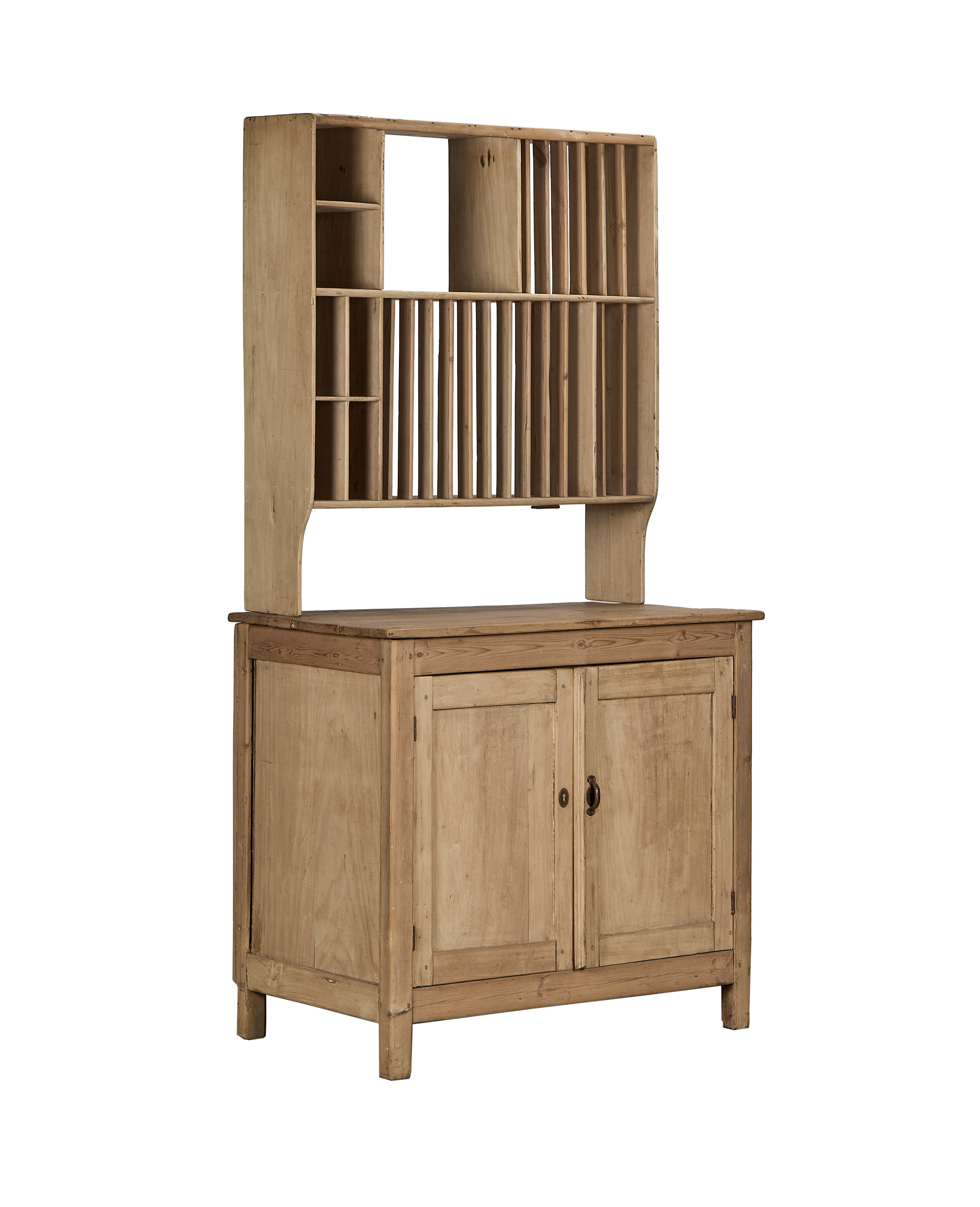 Full-frame view of the vintage French pine wood postal cabinet.