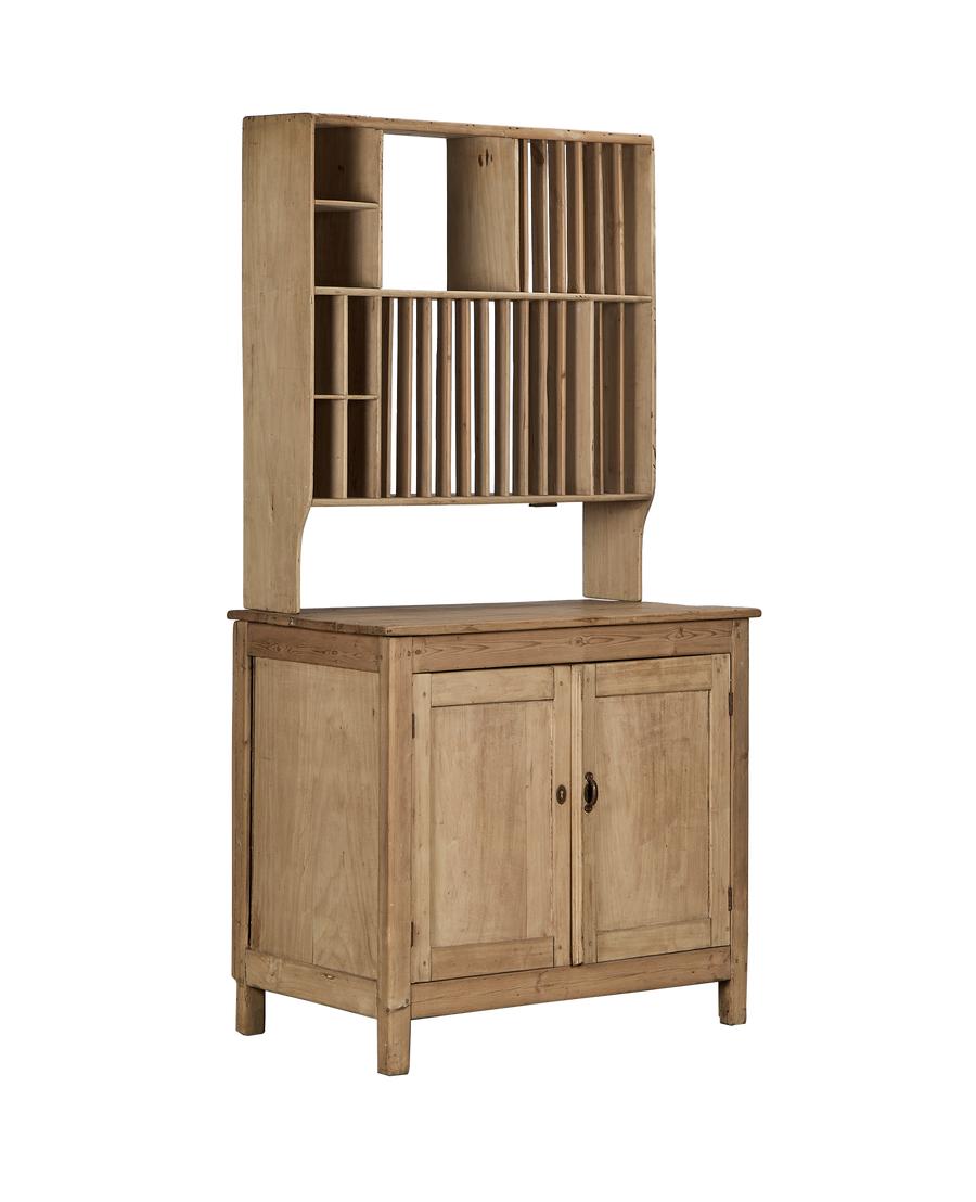 Full-frame view of the vintage French pine wood postal cabinet.