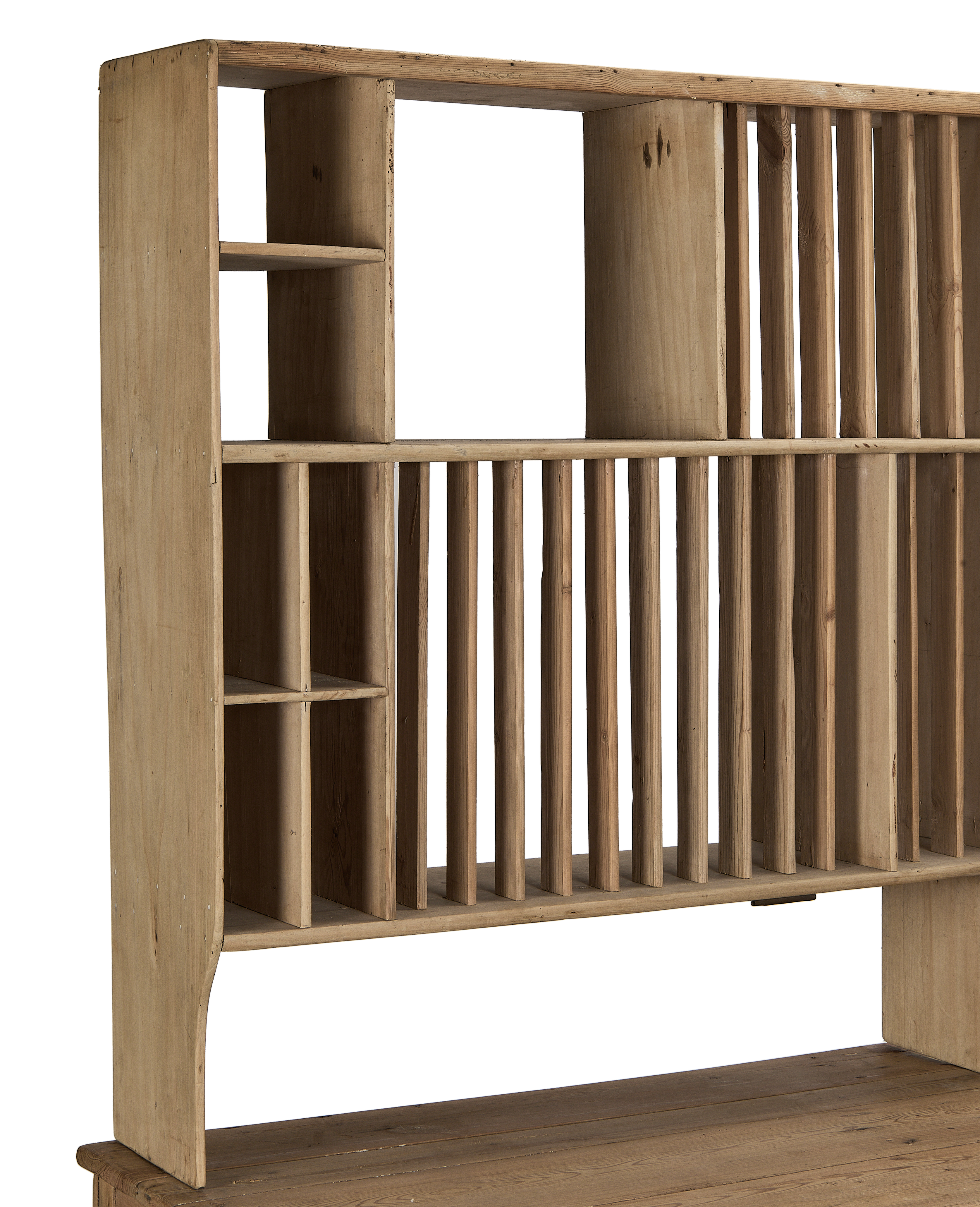 Vintage French pine postal cabinet, showing internal shelves and mail slots.