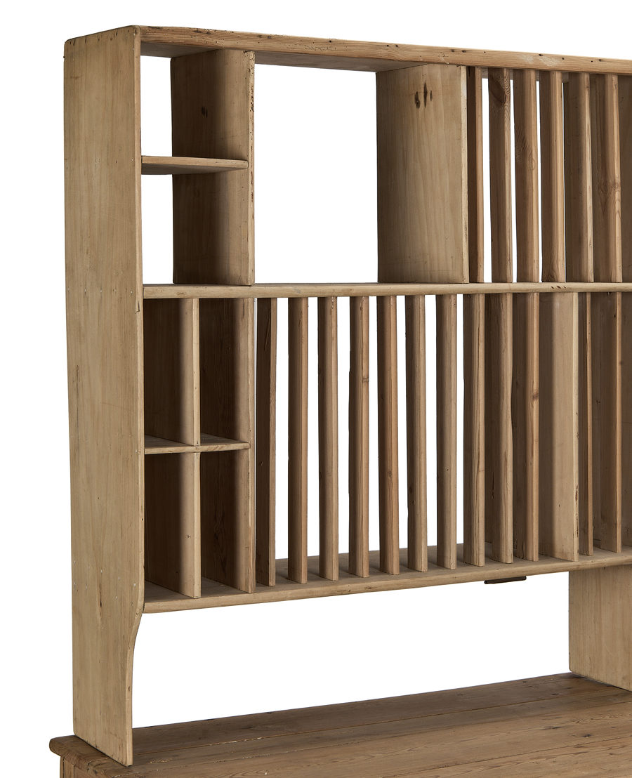 Vintage French pine postal cabinet, showing internal shelves and mail slots.