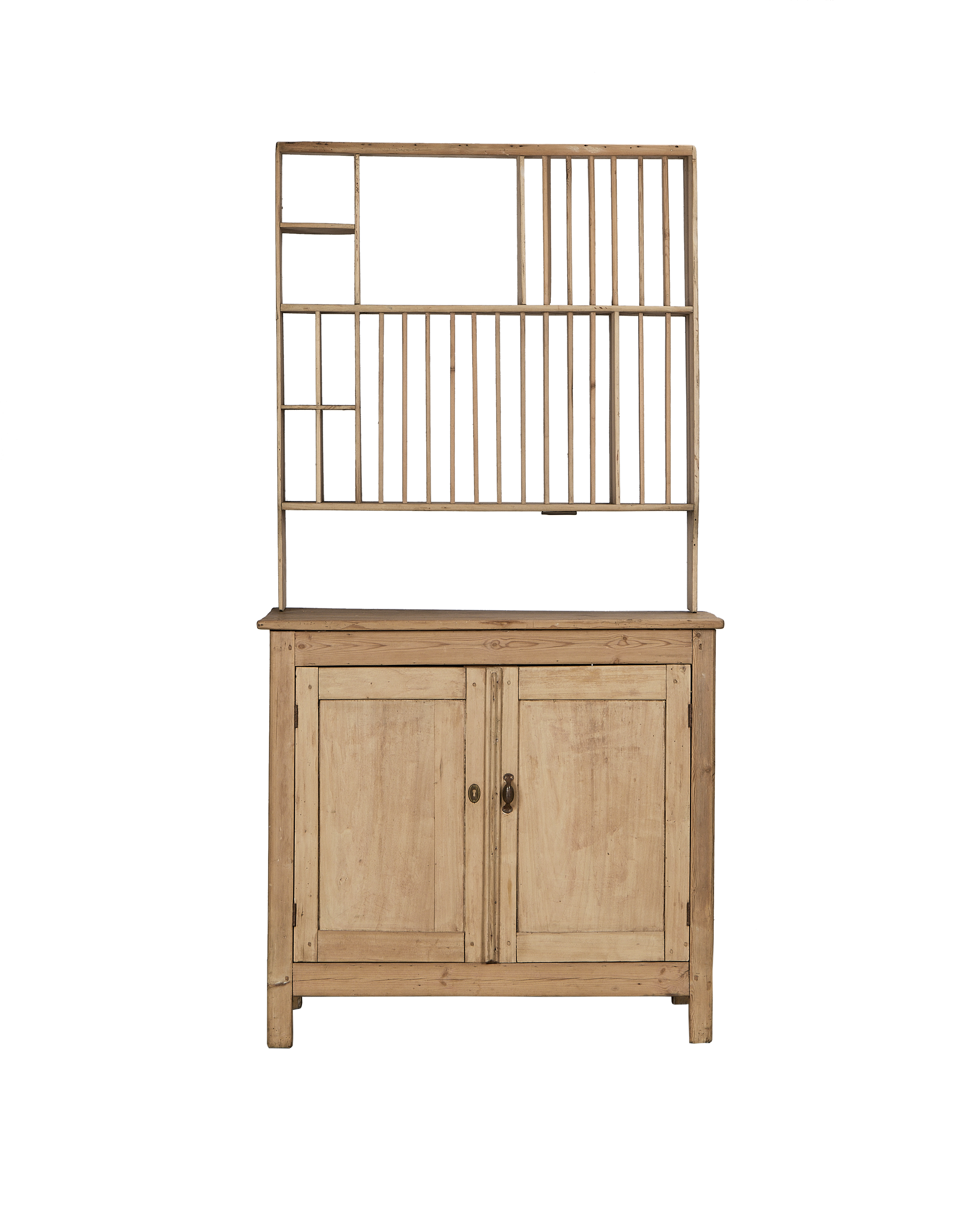 Vintage French pine postal cabinet with lath-back hutch and two-door cupboard.