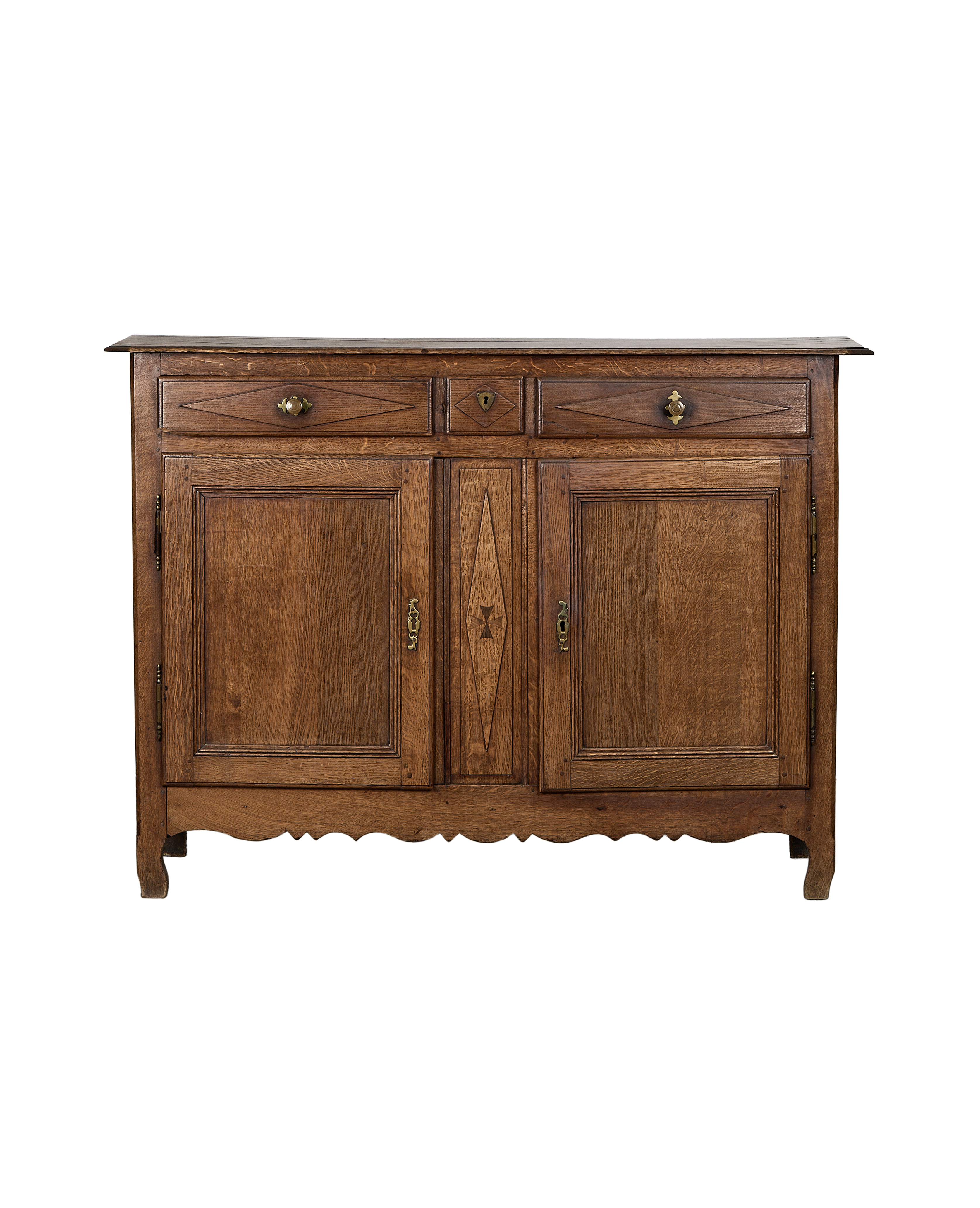 Vintage French oak dresser, two drawers with brass pulls, two lower carved doors.