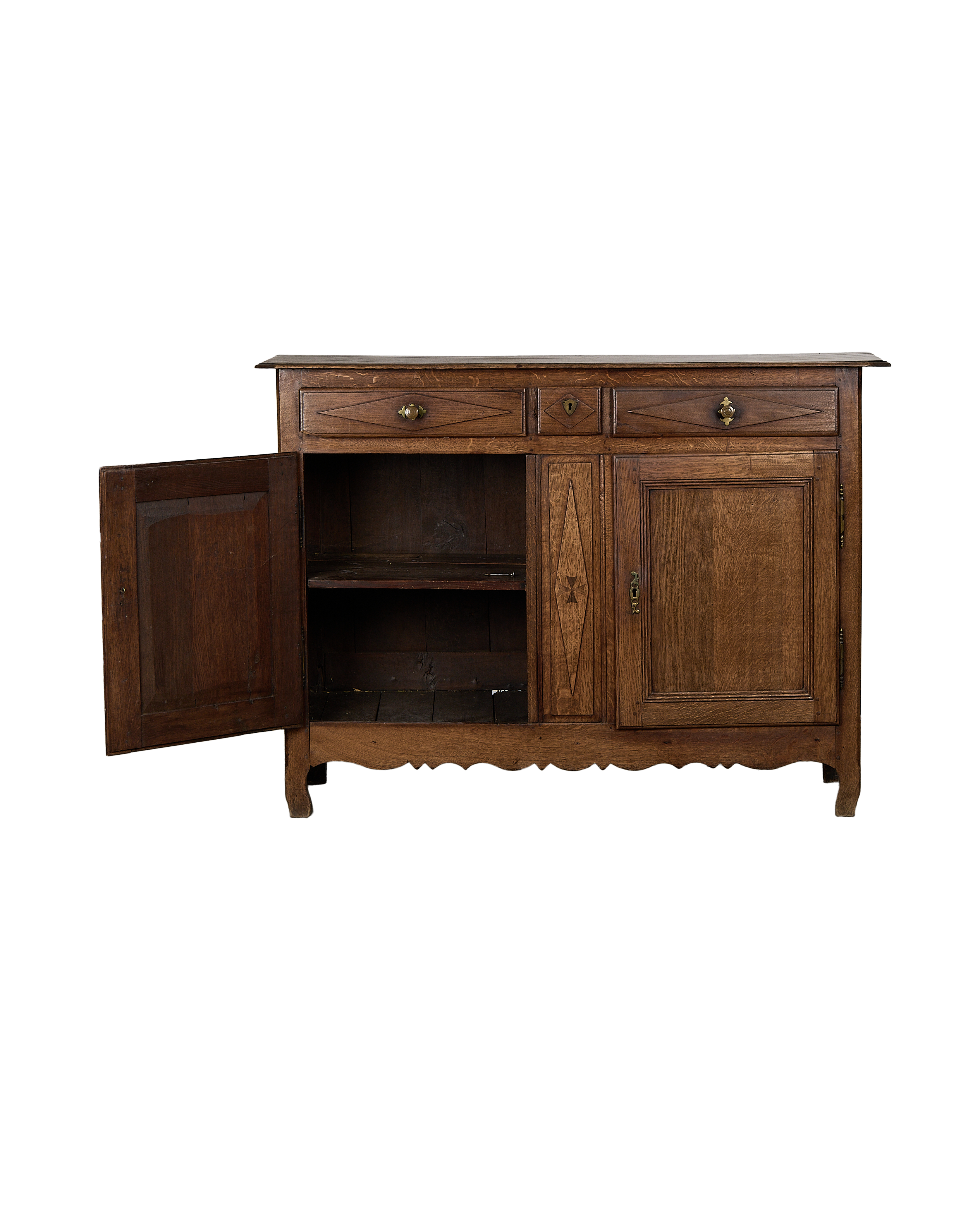 Vintage French oak dresser with open left cabinet unveiling two shelves.