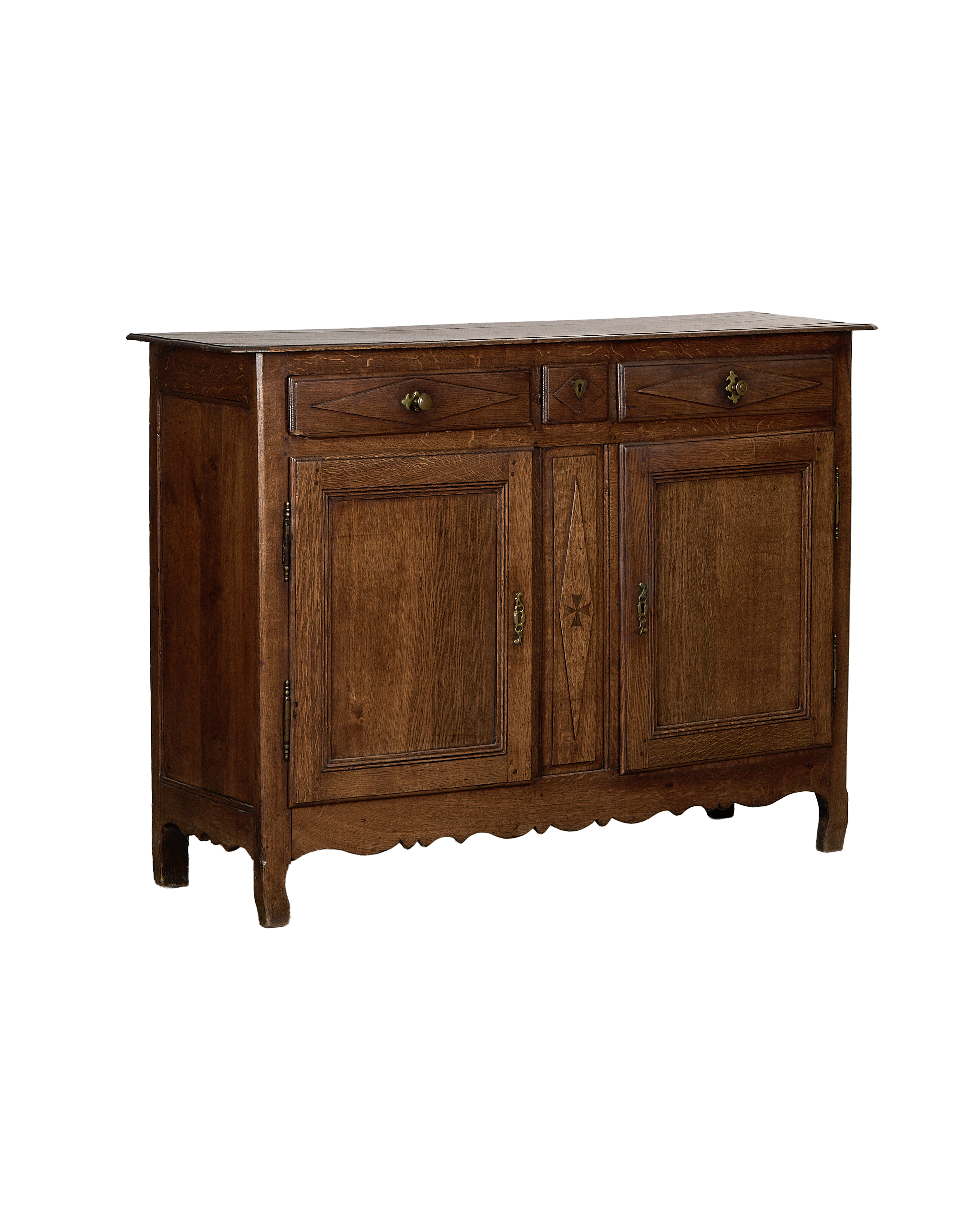 French vintage oak dresser, detailed view of wood grain and brass hardware.