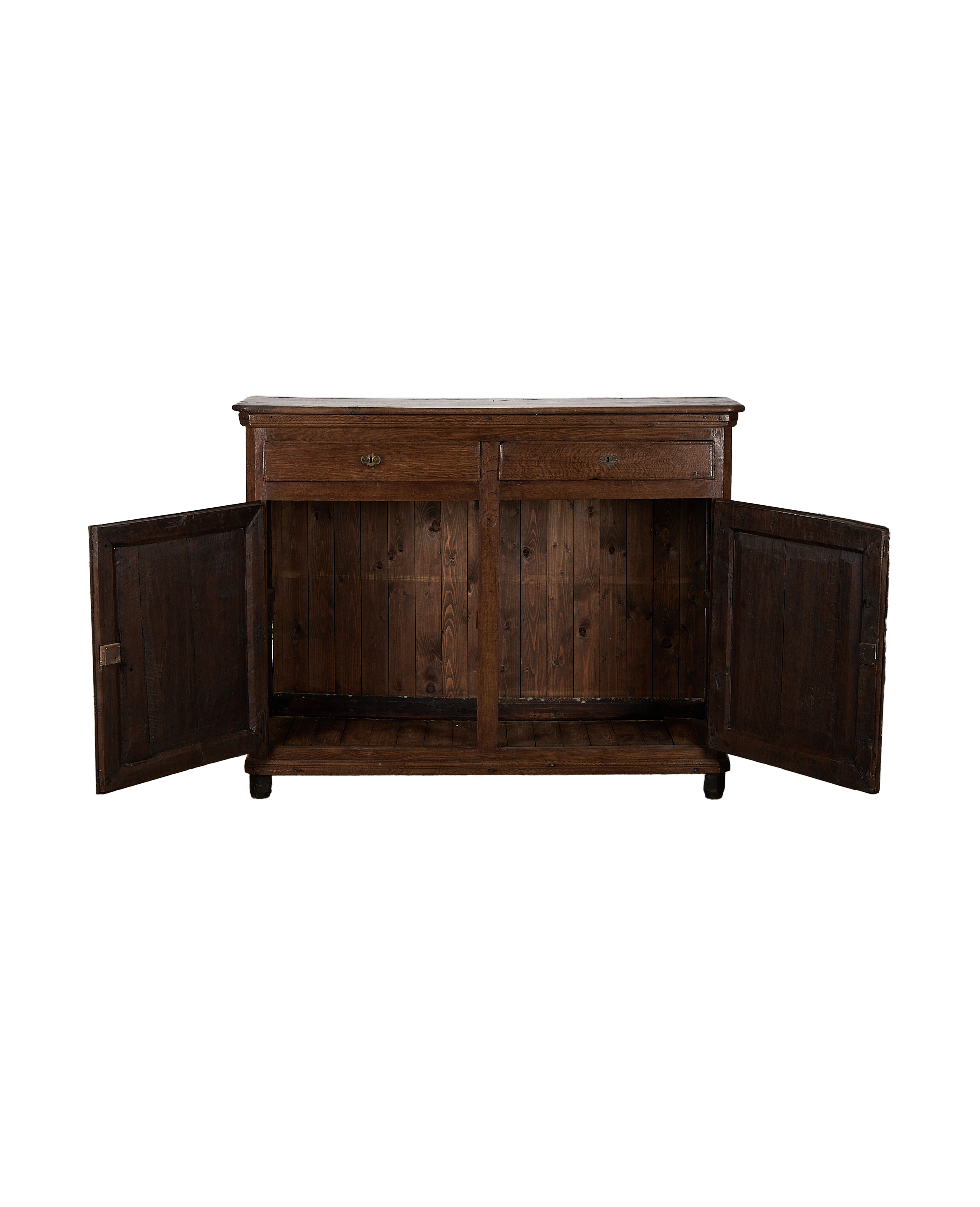 Antique 18th-century French oak dresser with both cabinet doors open, showing simple interior.