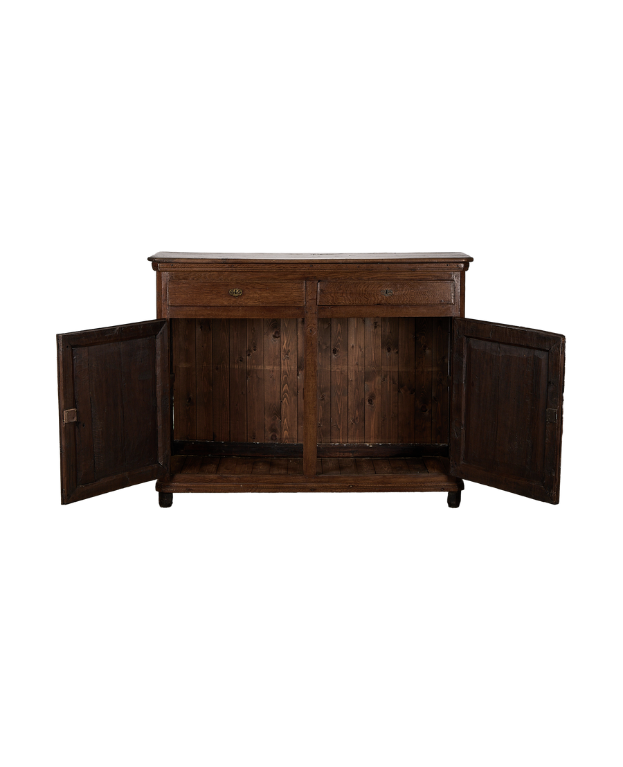 Antique 18th-century French oak dresser with both cabinet doors open, showing simple interior.