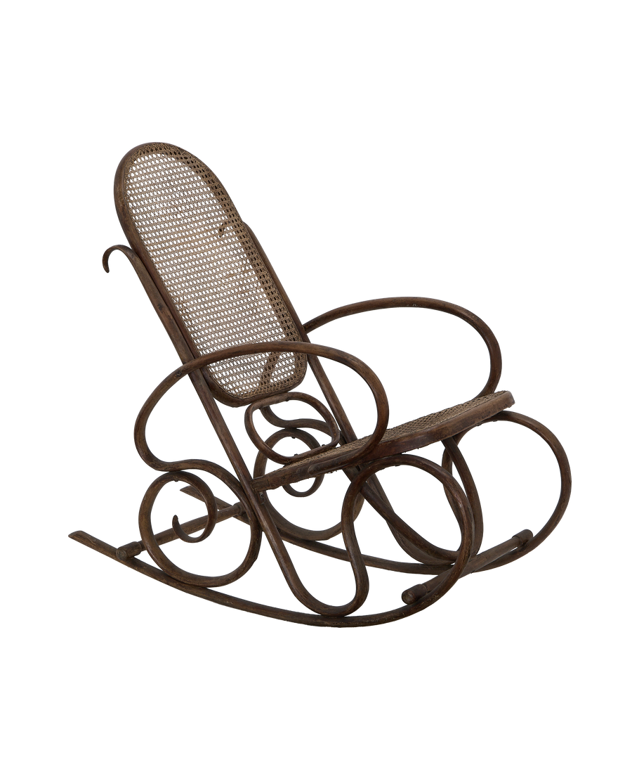 Vintage Thonet oak rocking chair from France, showing ornate bentwood frame detail.