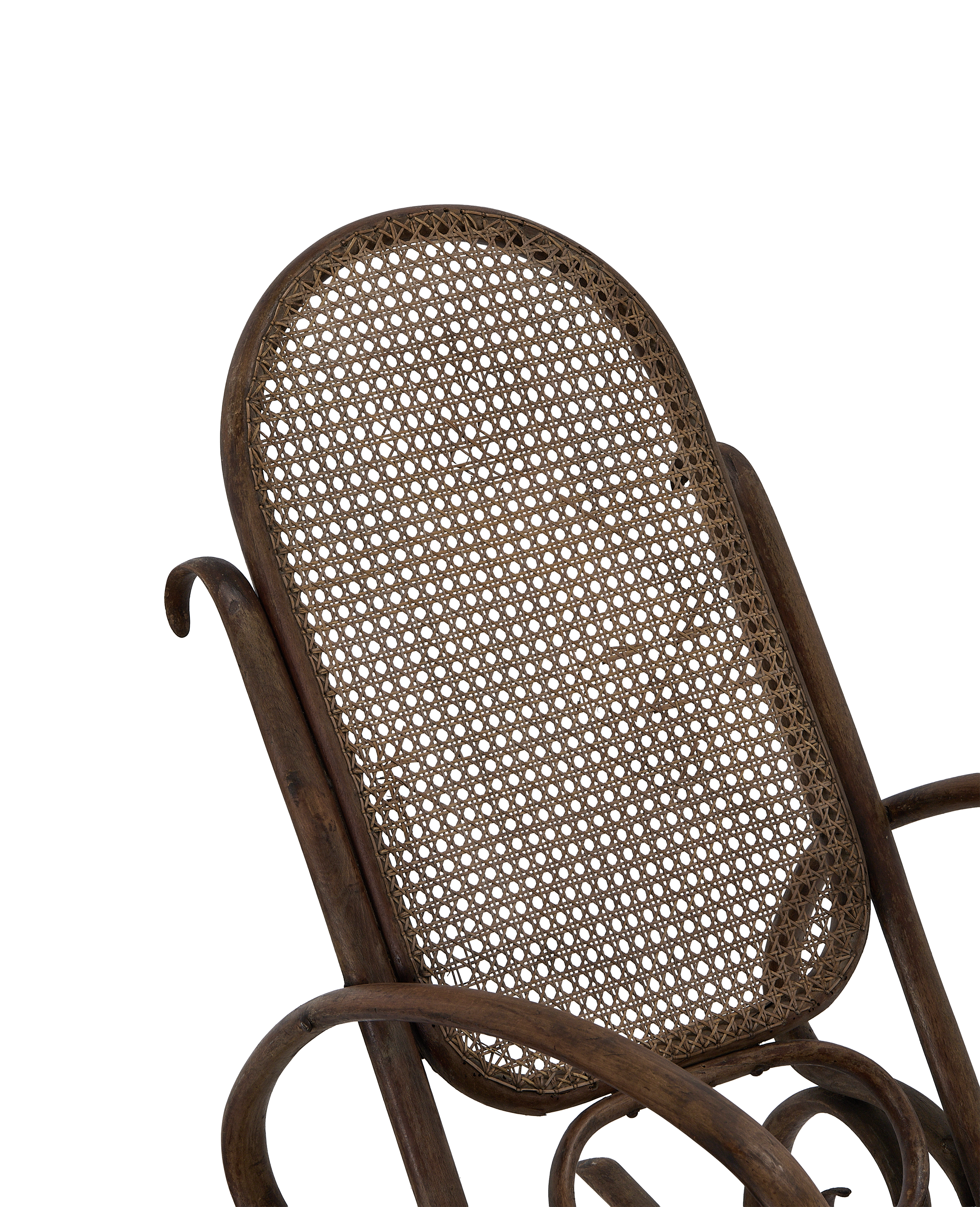 Vintage Thonet Oak Rocking Chair, close-up back view, showing intricate cane weaving detail.