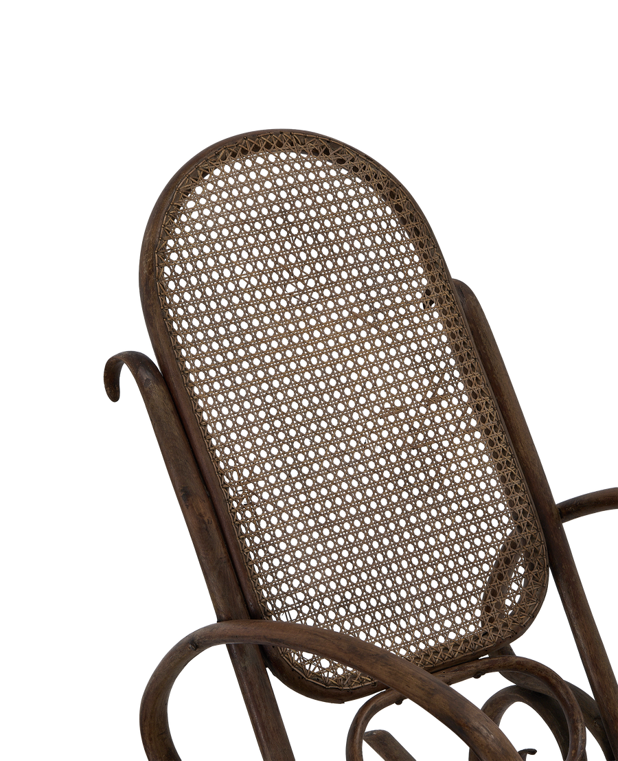 Vintage Thonet Oak Rocking Chair, close-up back view, showing intricate cane weaving detail.