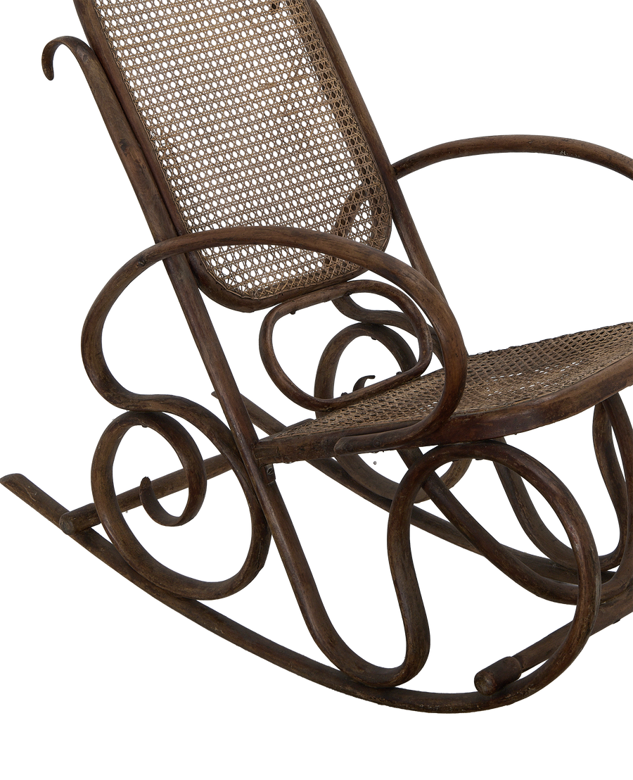 Vintage Thonet oak rocking chair, right side view showing bentwood curves and elegant cane weaving.