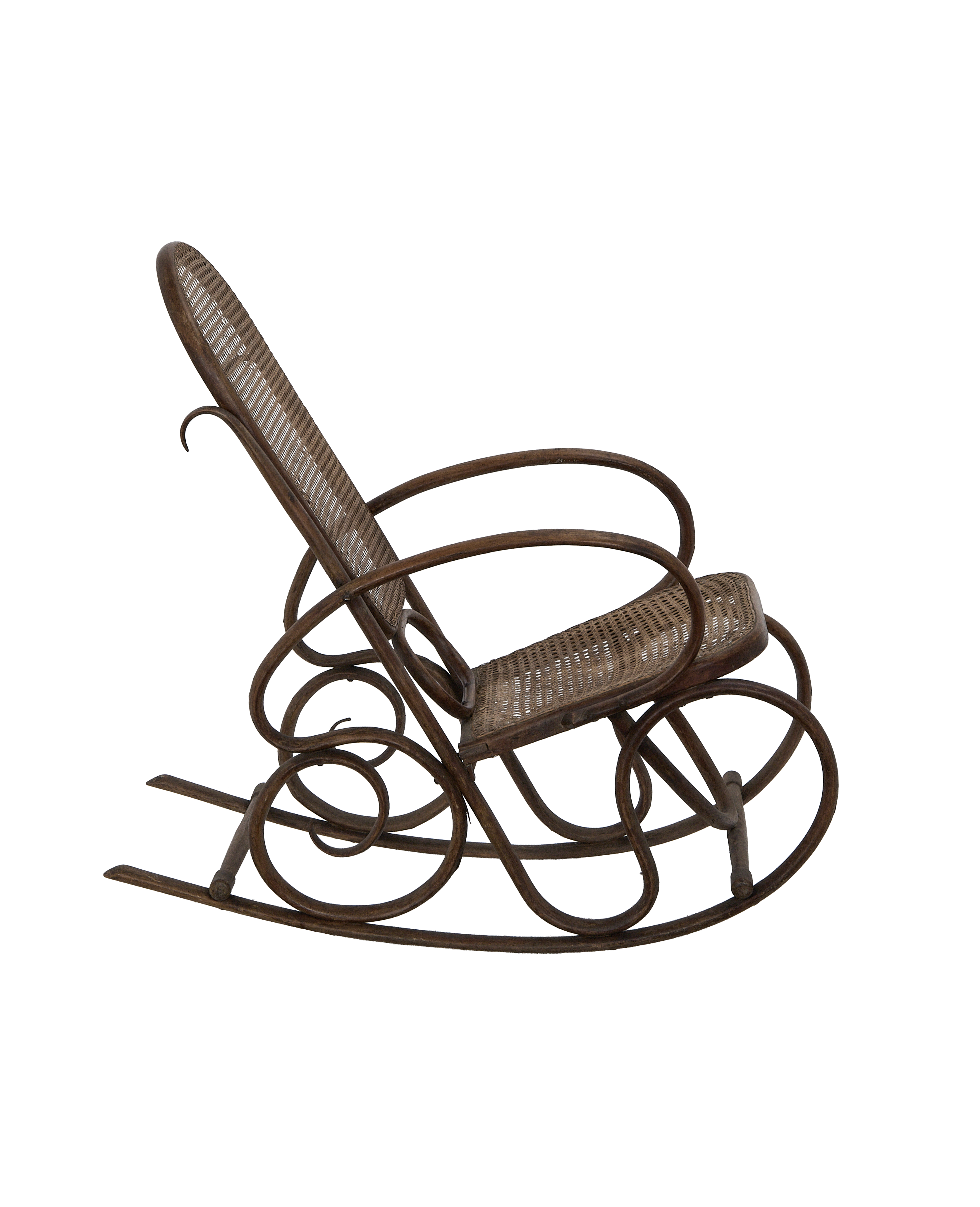 Vintage French Thonet oak rocking chair with bentwood curls and woven rattan seat.