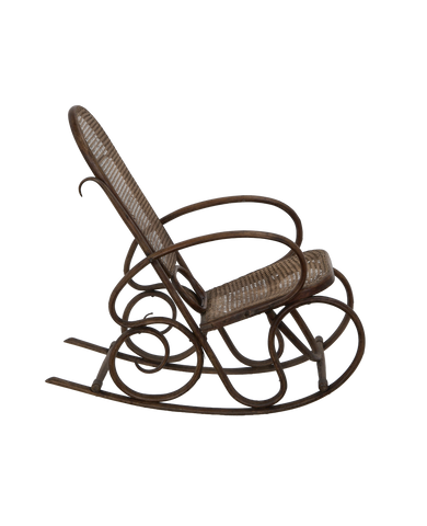 Vintage French Thonet oak rocking chair with bentwood curls and woven rattan seat.