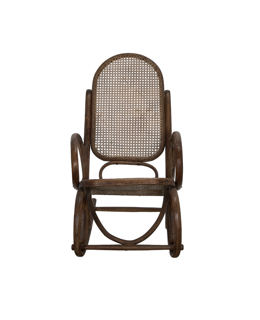 Vintage French Thonet oak rocking chair, showing cane back detail and bowed rockers.