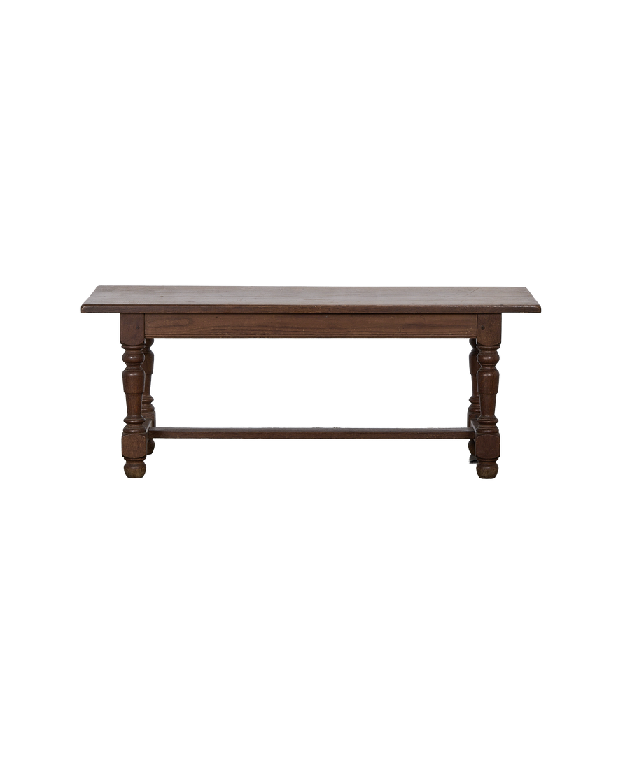 Vintage French oak coffee table, front view showing turned legs and stretcher.