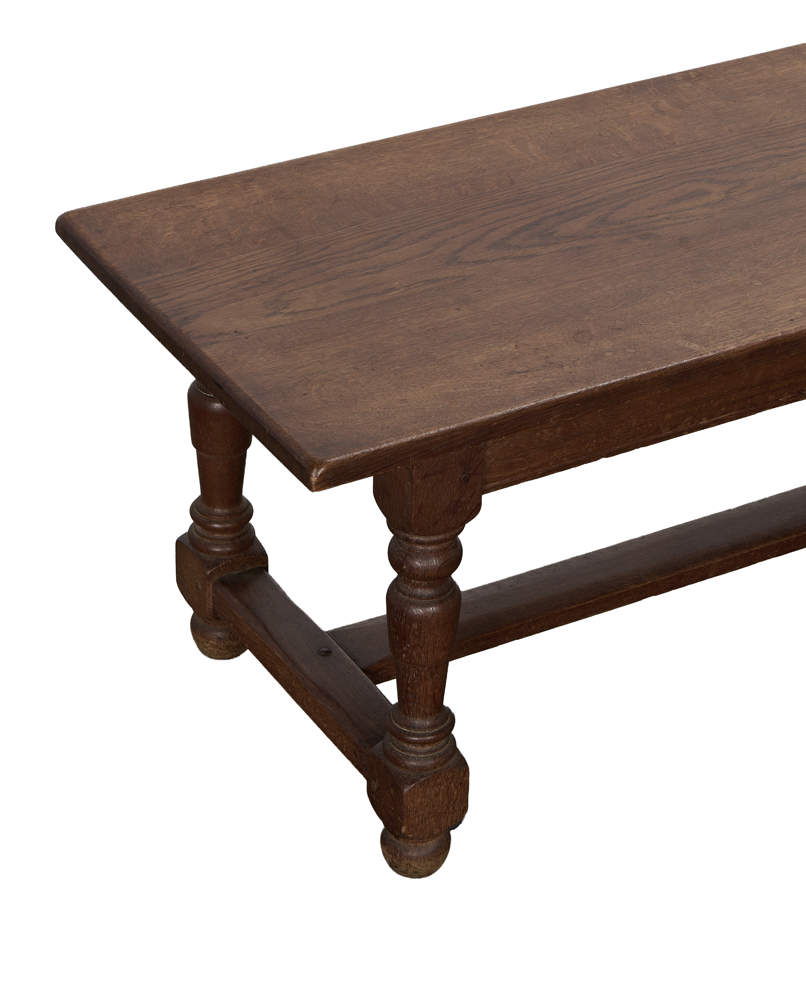 Vintage French oak coffee table, close-up top view of aged wooden surface.
