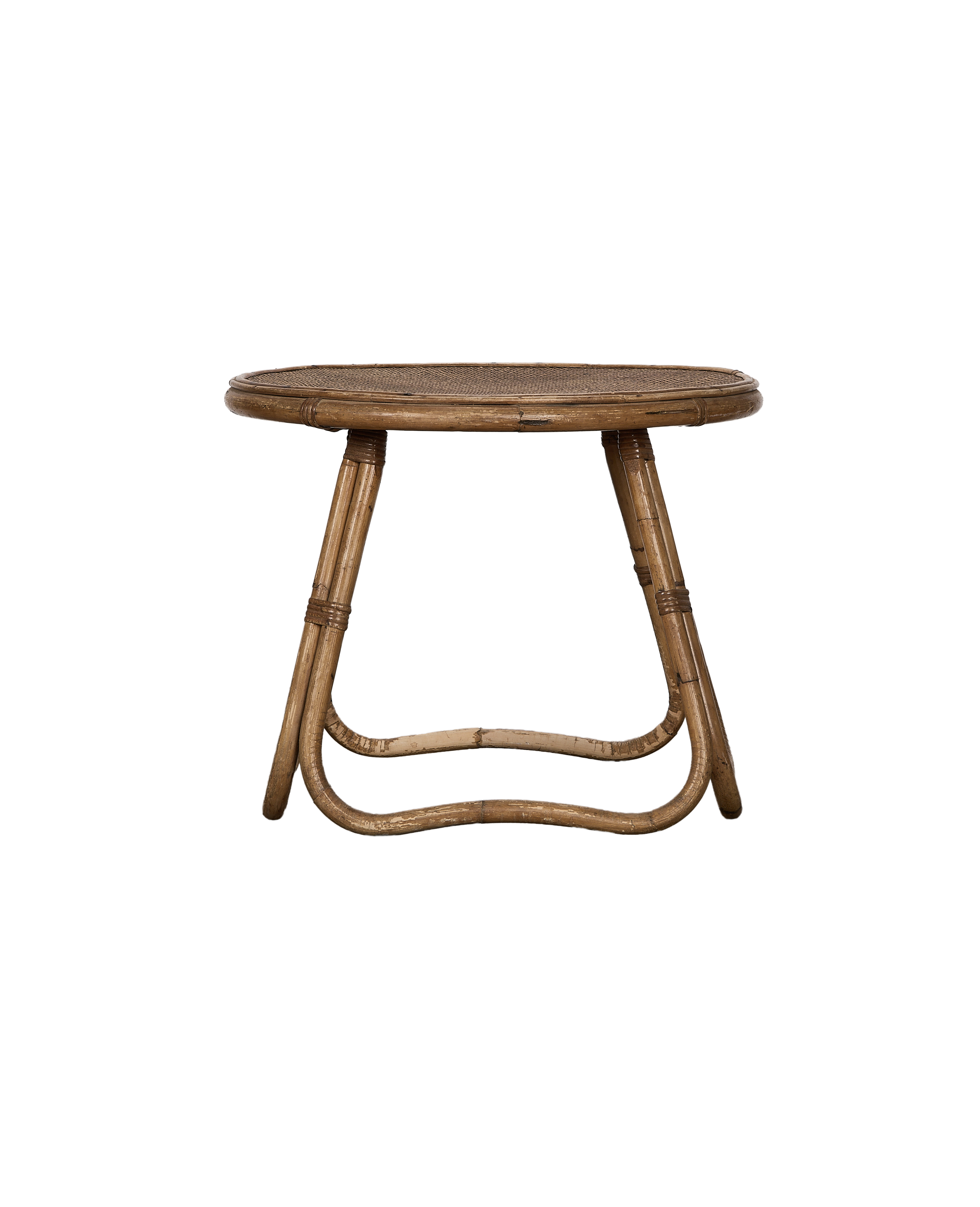 Vintage French bamboo coffee table, round woven top, and curved natural wood legs.