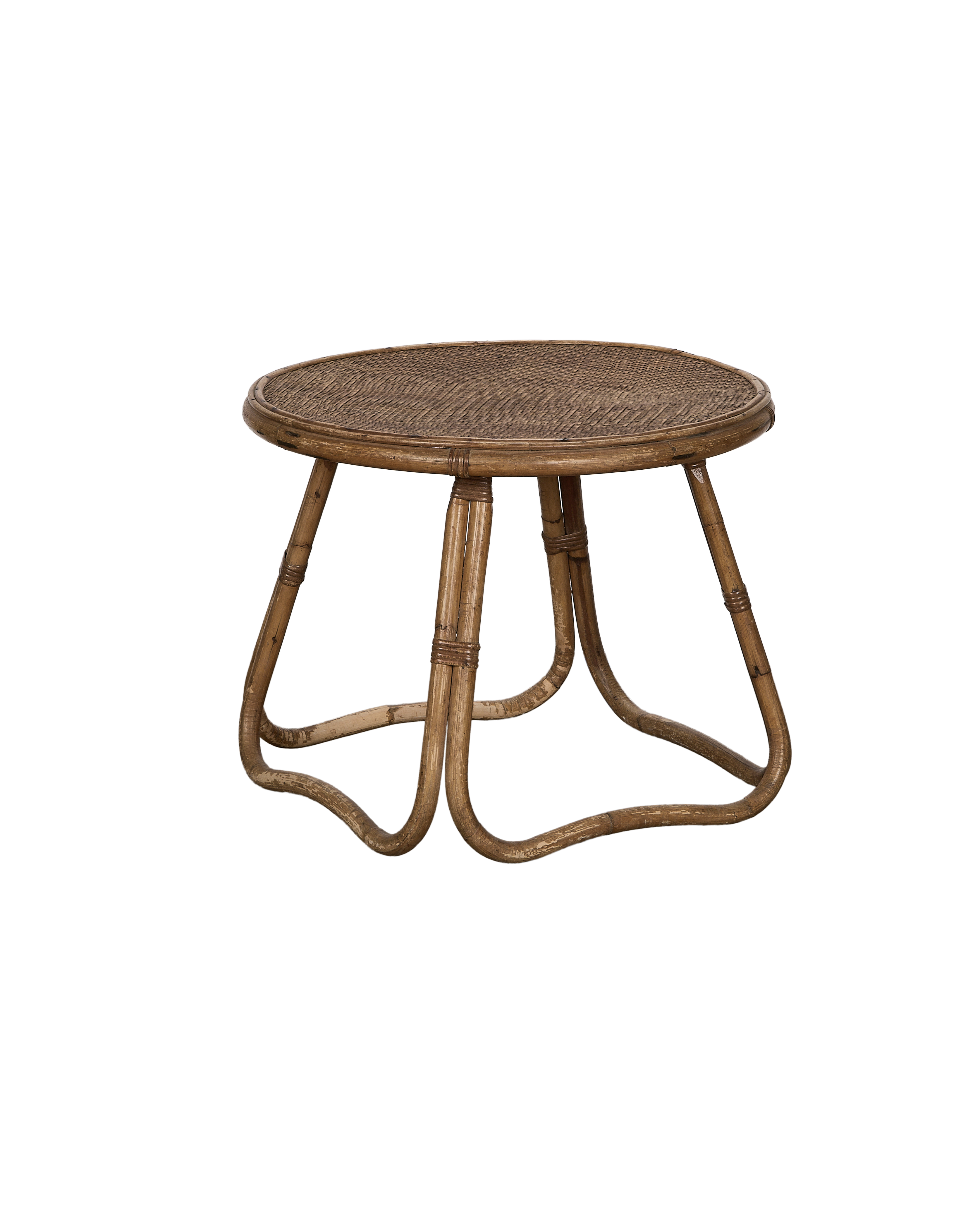 Vintage French bamboo coffee table, rattan wicker top, showing woven pattern and curved legs.