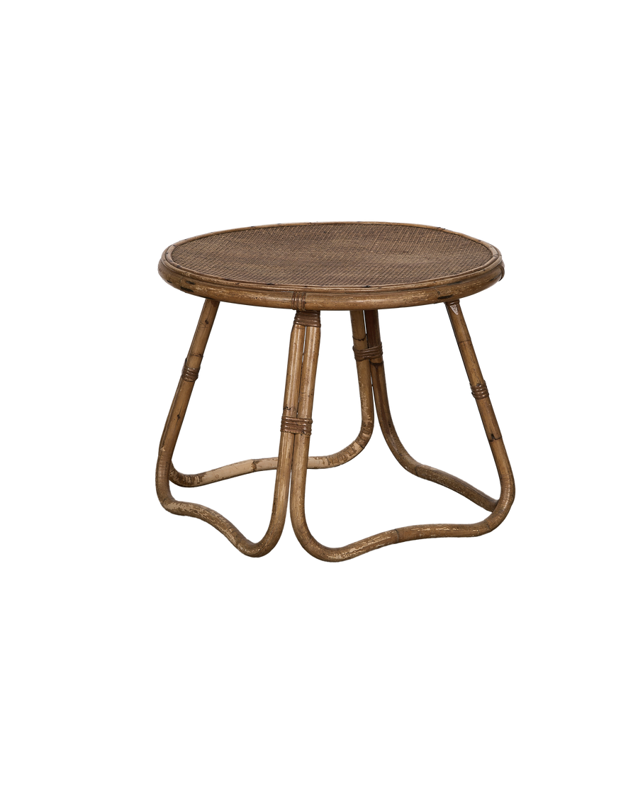 Vintage French bamboo coffee table, rattan wicker top, showing woven pattern and curved legs.