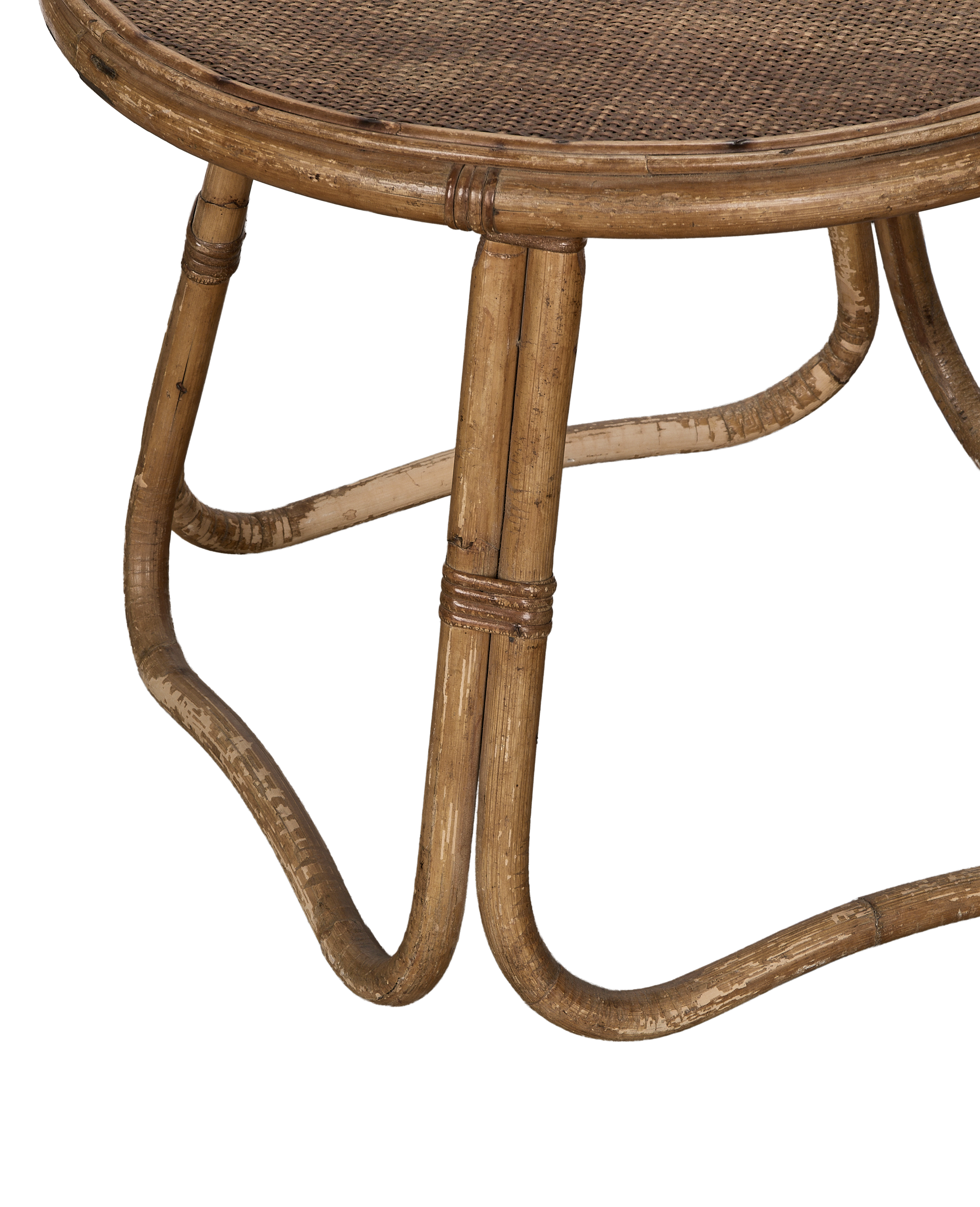 Vintage French bamboo coffee table, rattan wicker top with weathered base details.