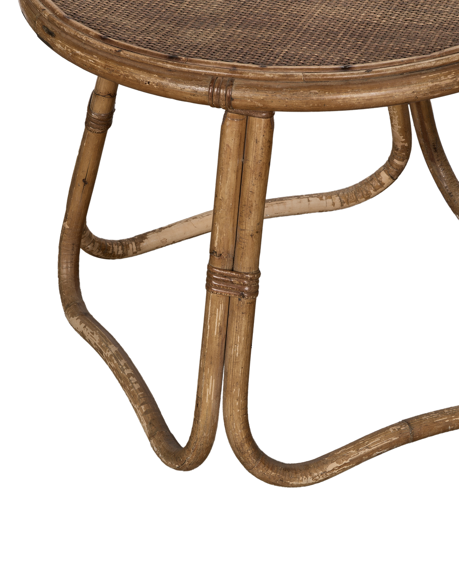 Vintage French bamboo coffee table, rattan wicker top with weathered base details.