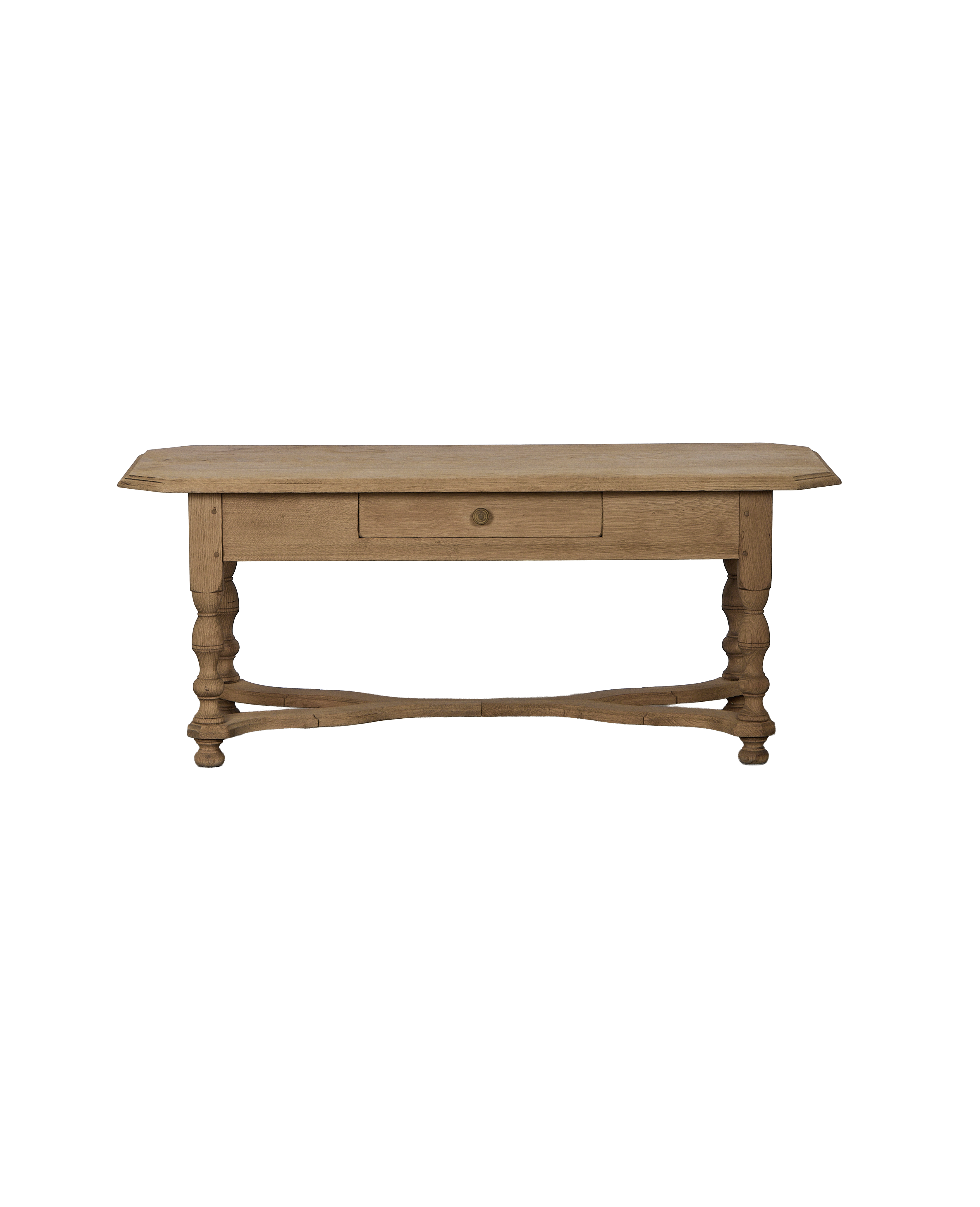 Vintage French pine coffee table, front view showing single drawer with brass knob.