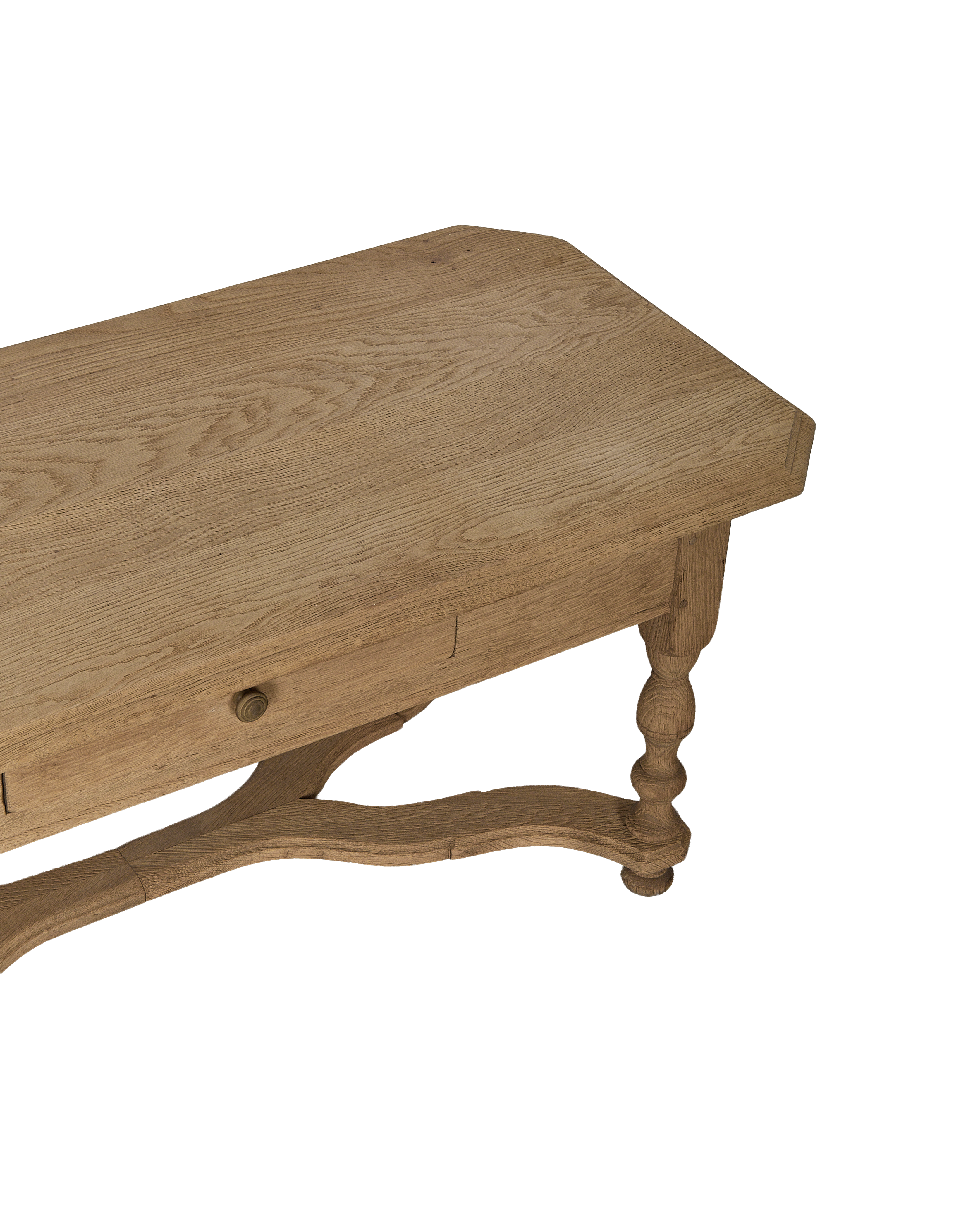 Vintage French OAK coffee table, detailed view of single drawer and turned leg.