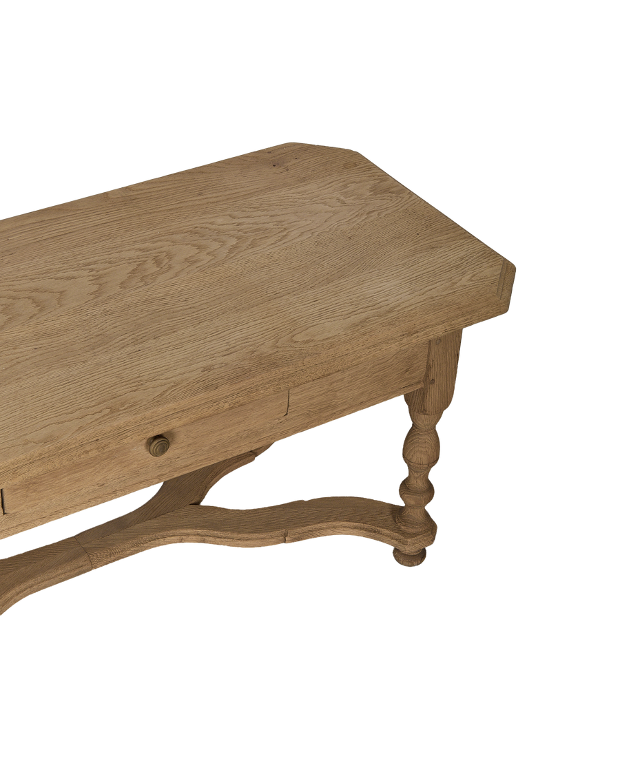Vintage French OAK coffee table, detailed view of single drawer and turned leg.