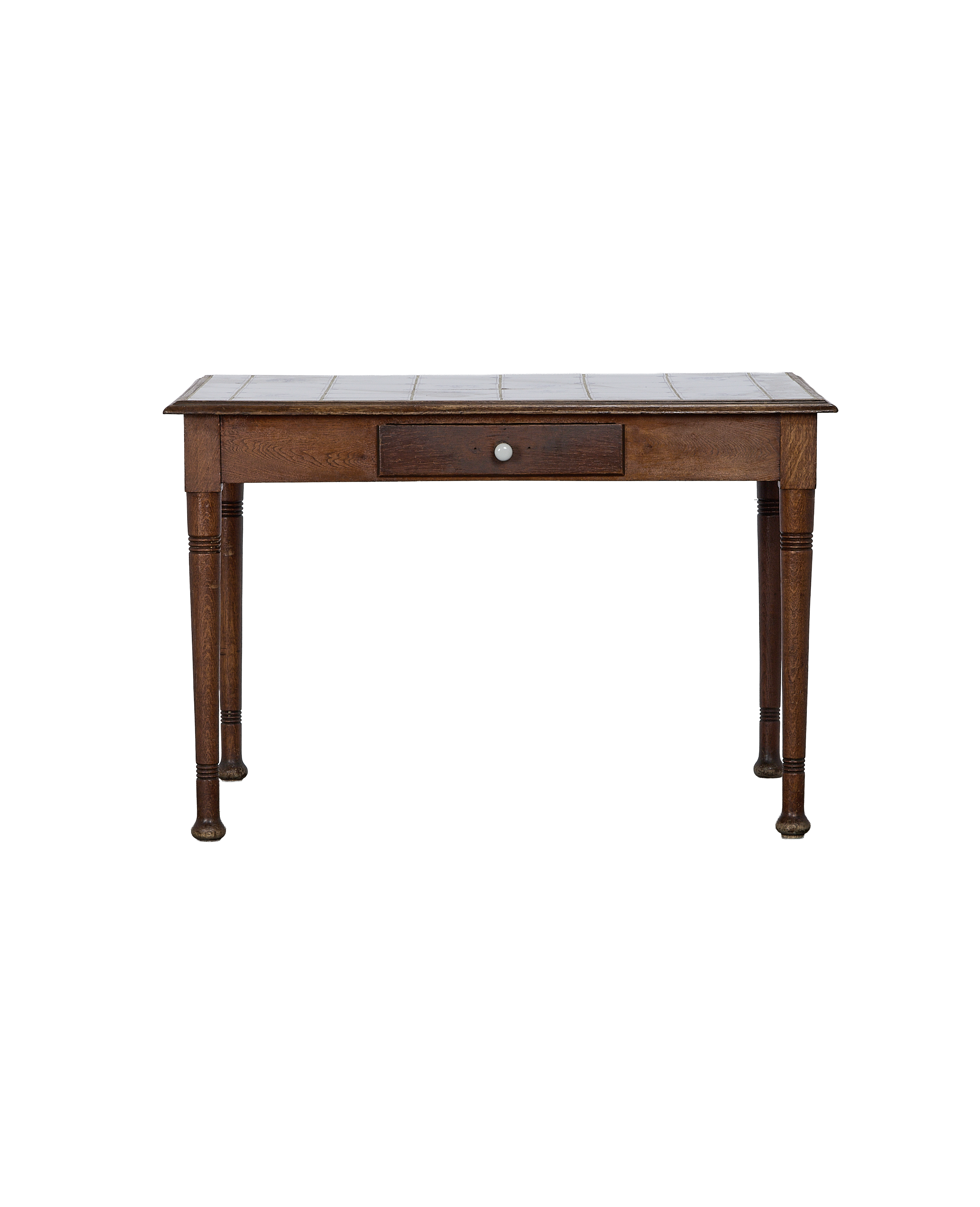 Vintage French oak side table, Delft tiled top, single drawer, front-facing view.