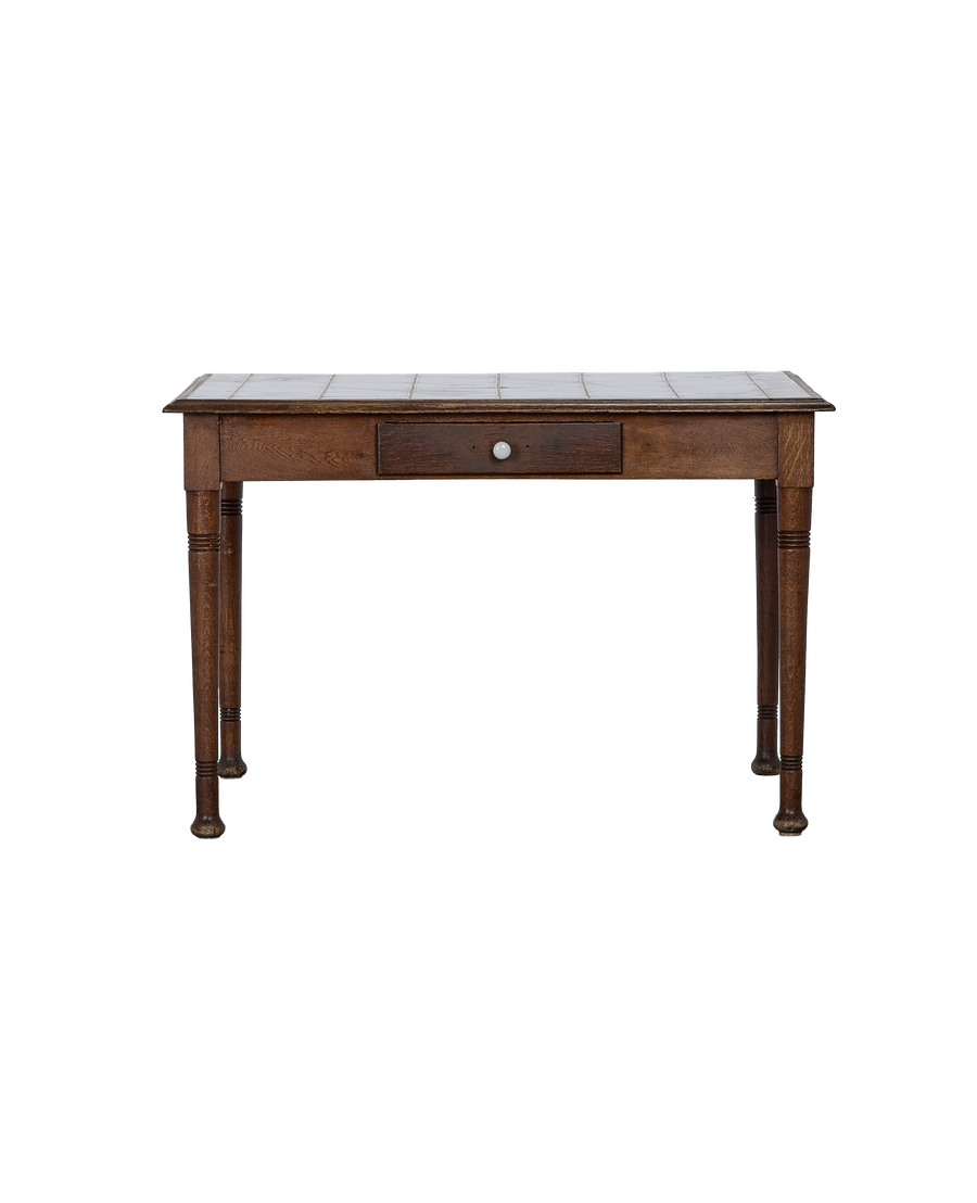 Vintage French oak side table, Delft tiled top, single drawer, front-facing view.
