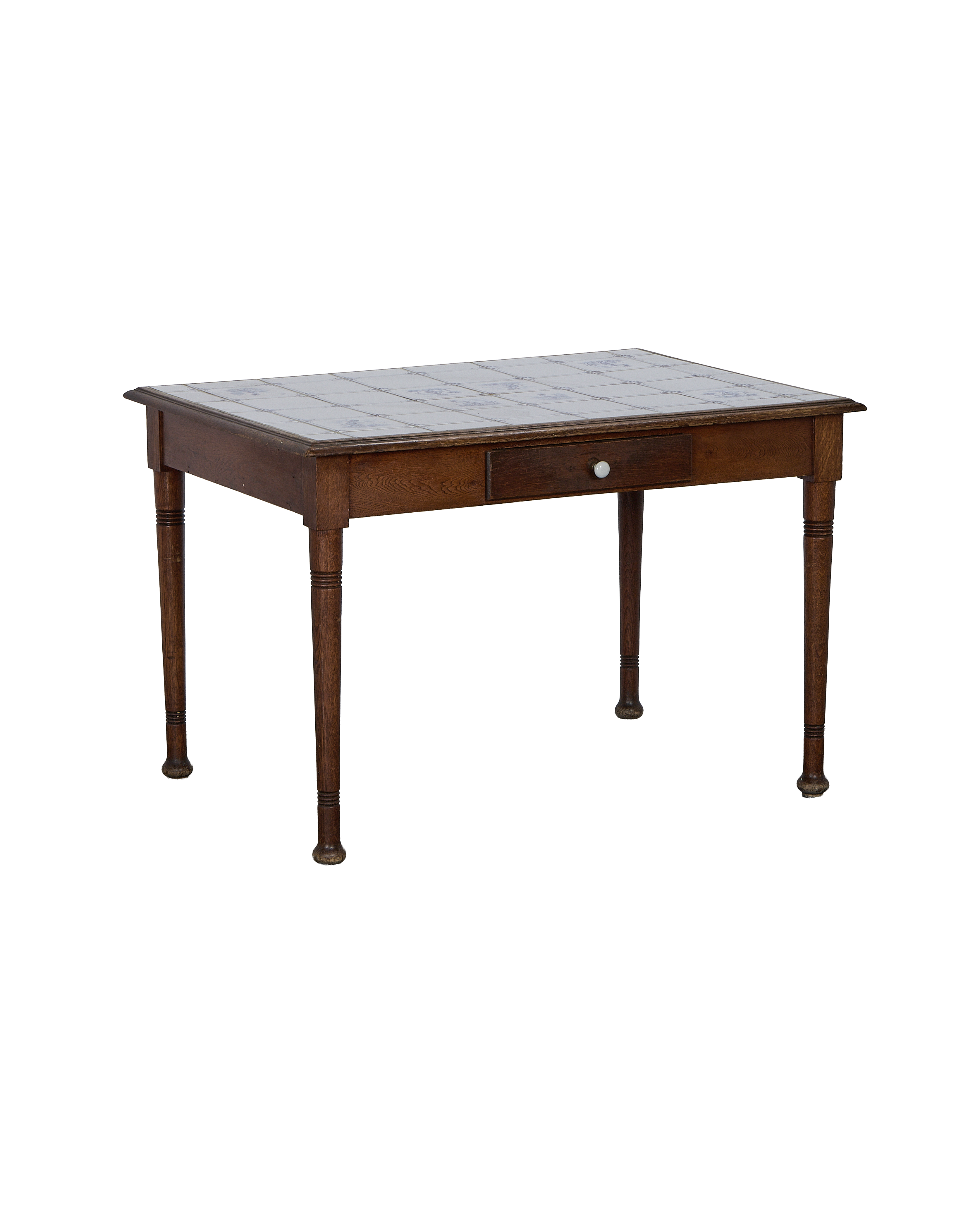 Vintage French oak Delphi table, white tiled top, and single drawer with white knob.