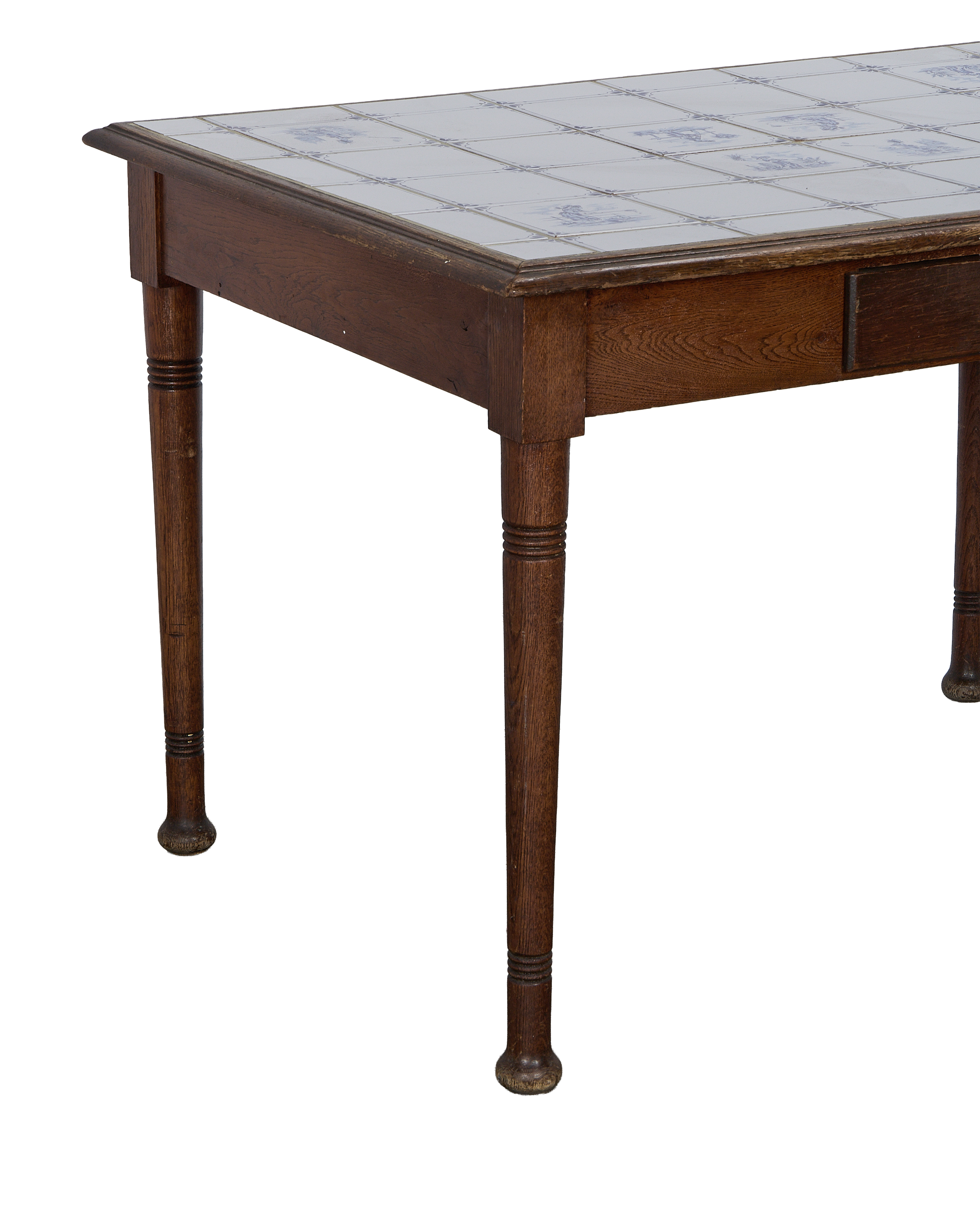 Vintage French oak Delft table with intricate blue and white tiled top.