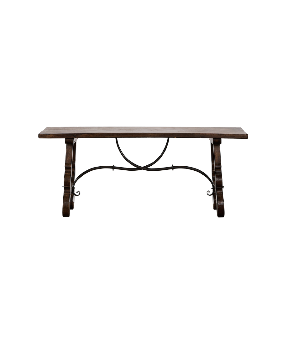 Vintage French oak refectory coffee table displaying iron-tied details from a side view.