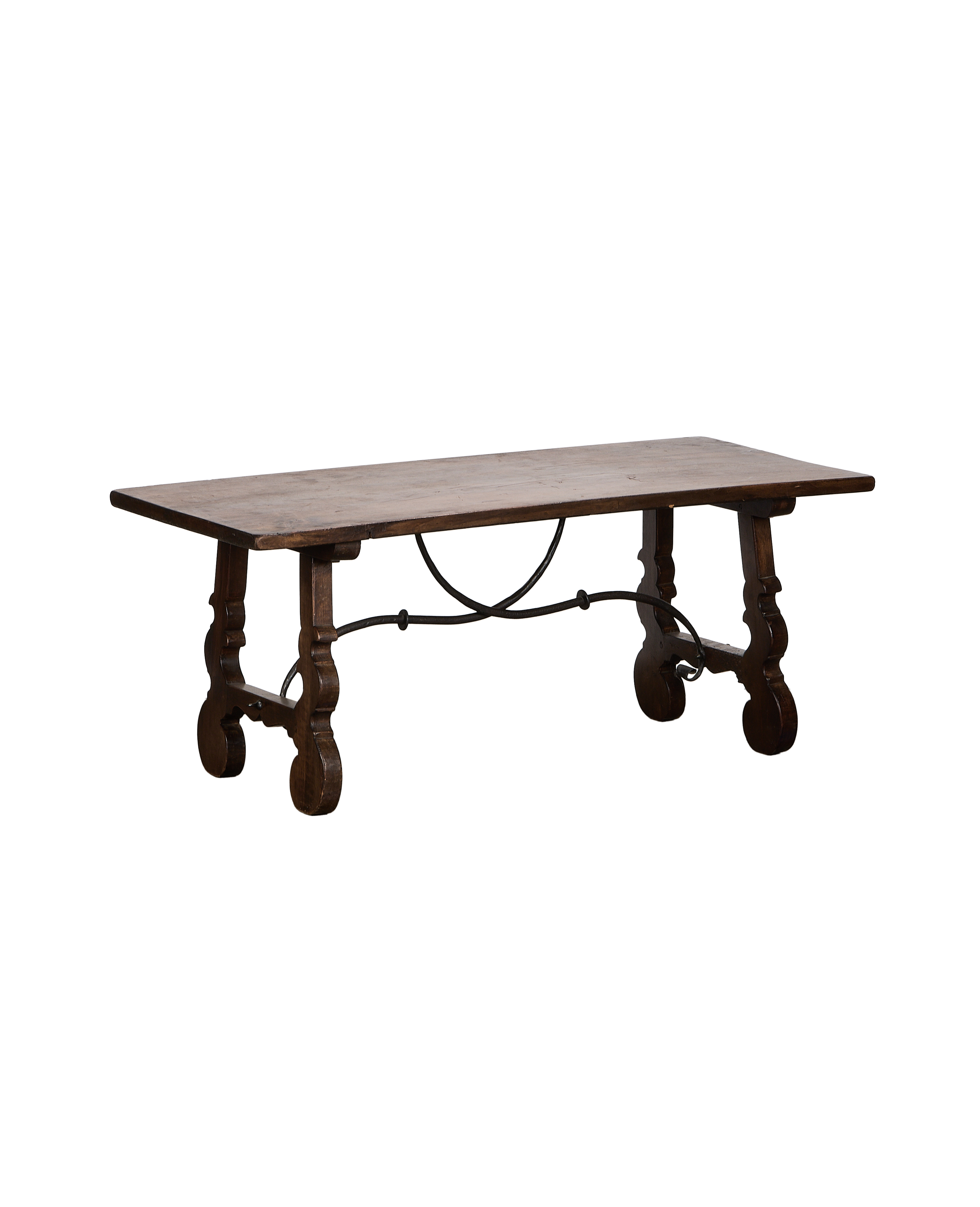 Vintage oak refectory coffee table with scrolled wrought iron stretcher and trestle legs.