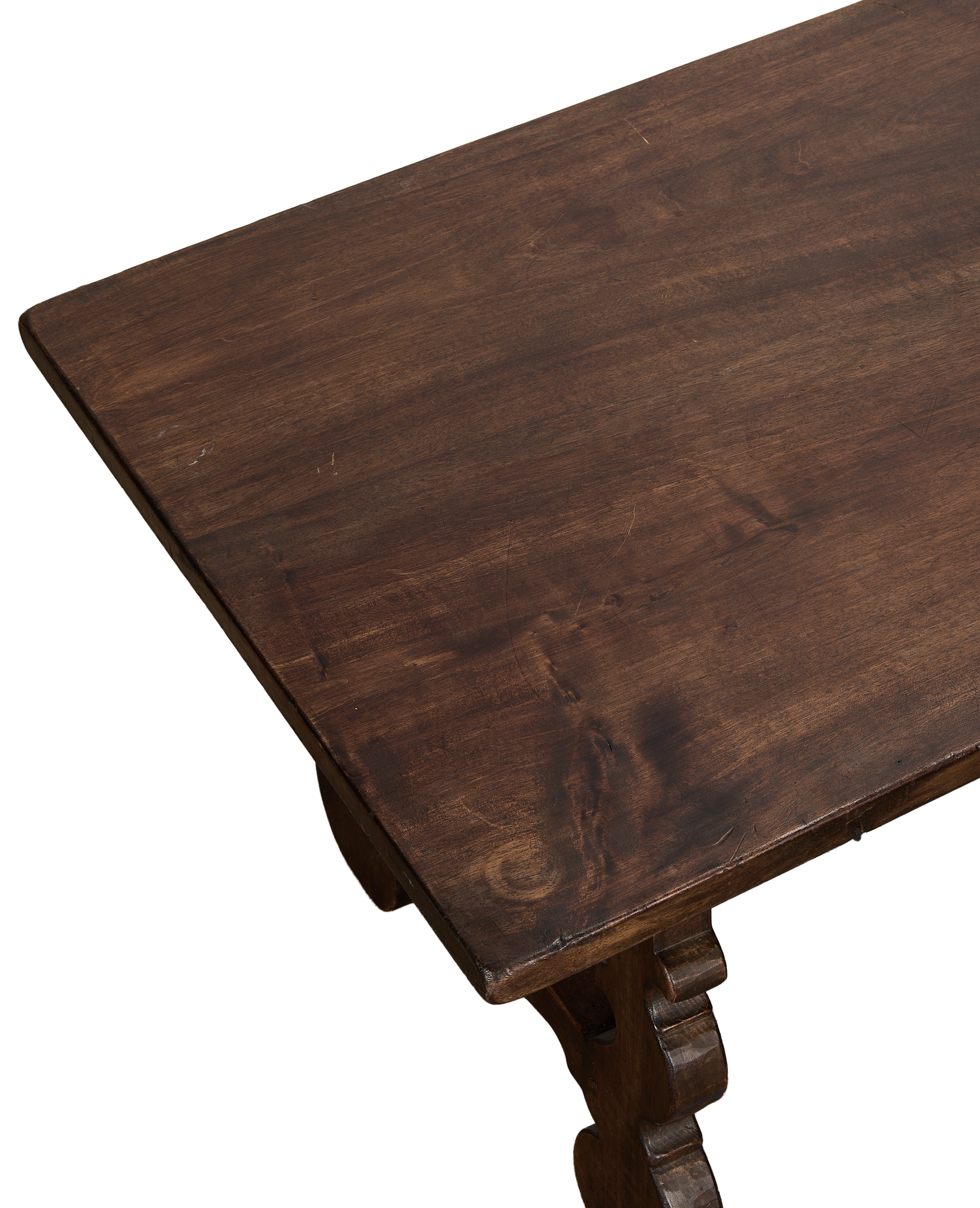 Vintage French oak refectory coffee table top, showing grain and darkened patination.