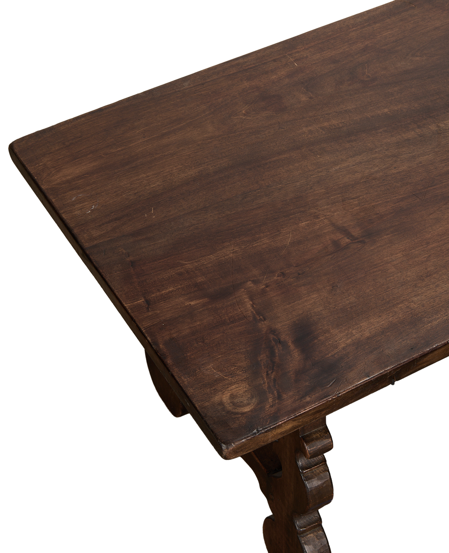 Vintage French oak refectory coffee table top, showing grain and darkened patination.