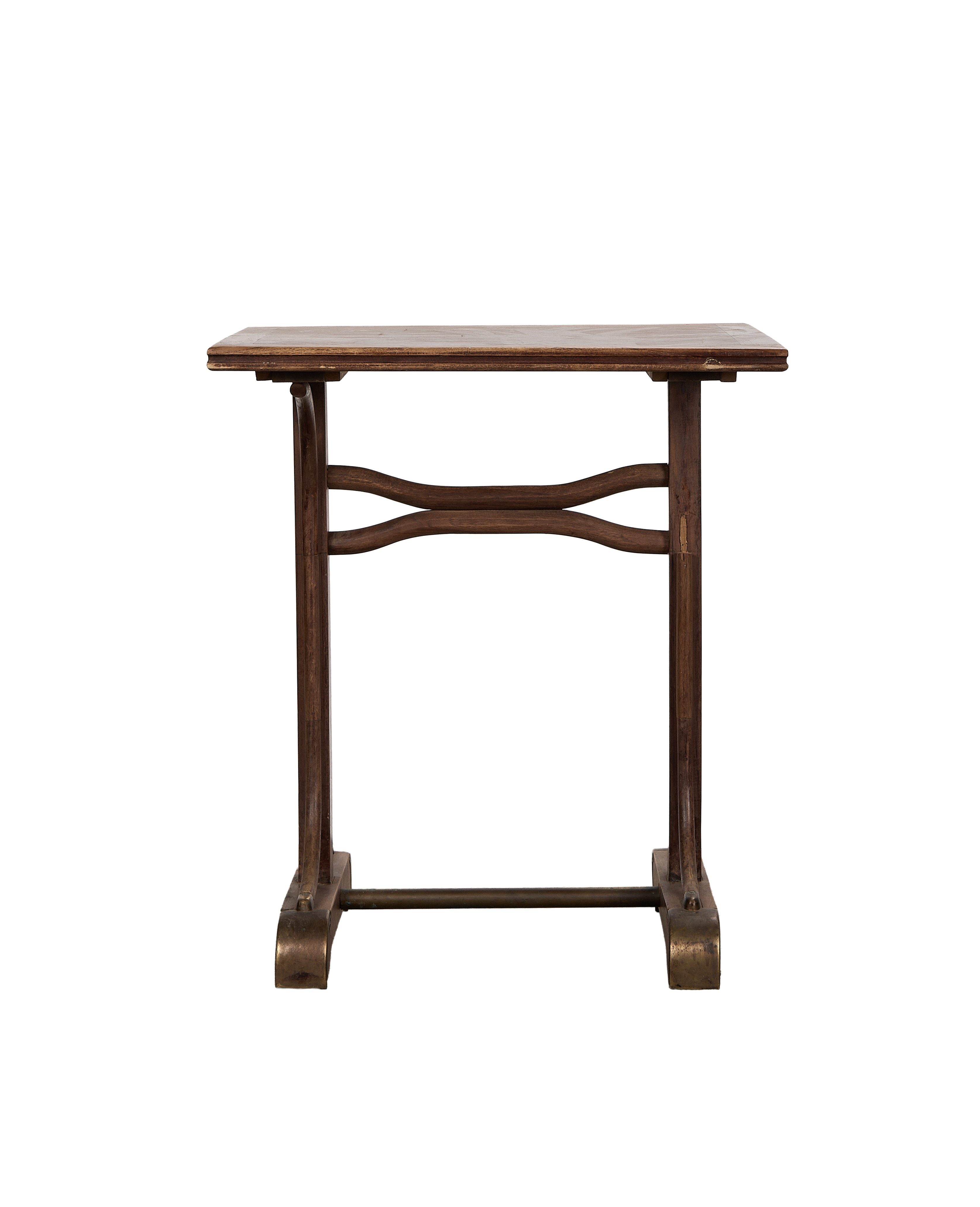 Vintage Parisian oak writing desk, dark wood finish, metal details, main view.