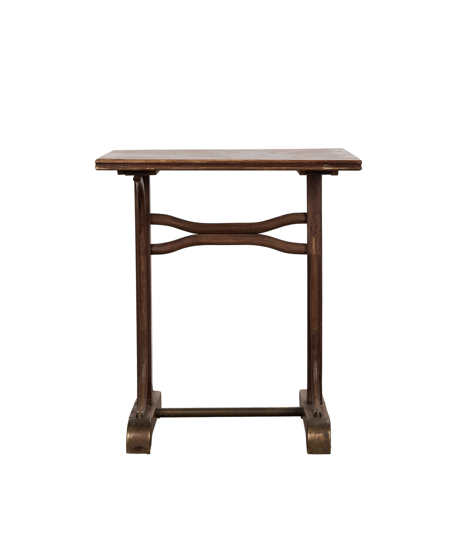 Vintage Parisian oak writing desk, dark wood finish, metal details, main view.