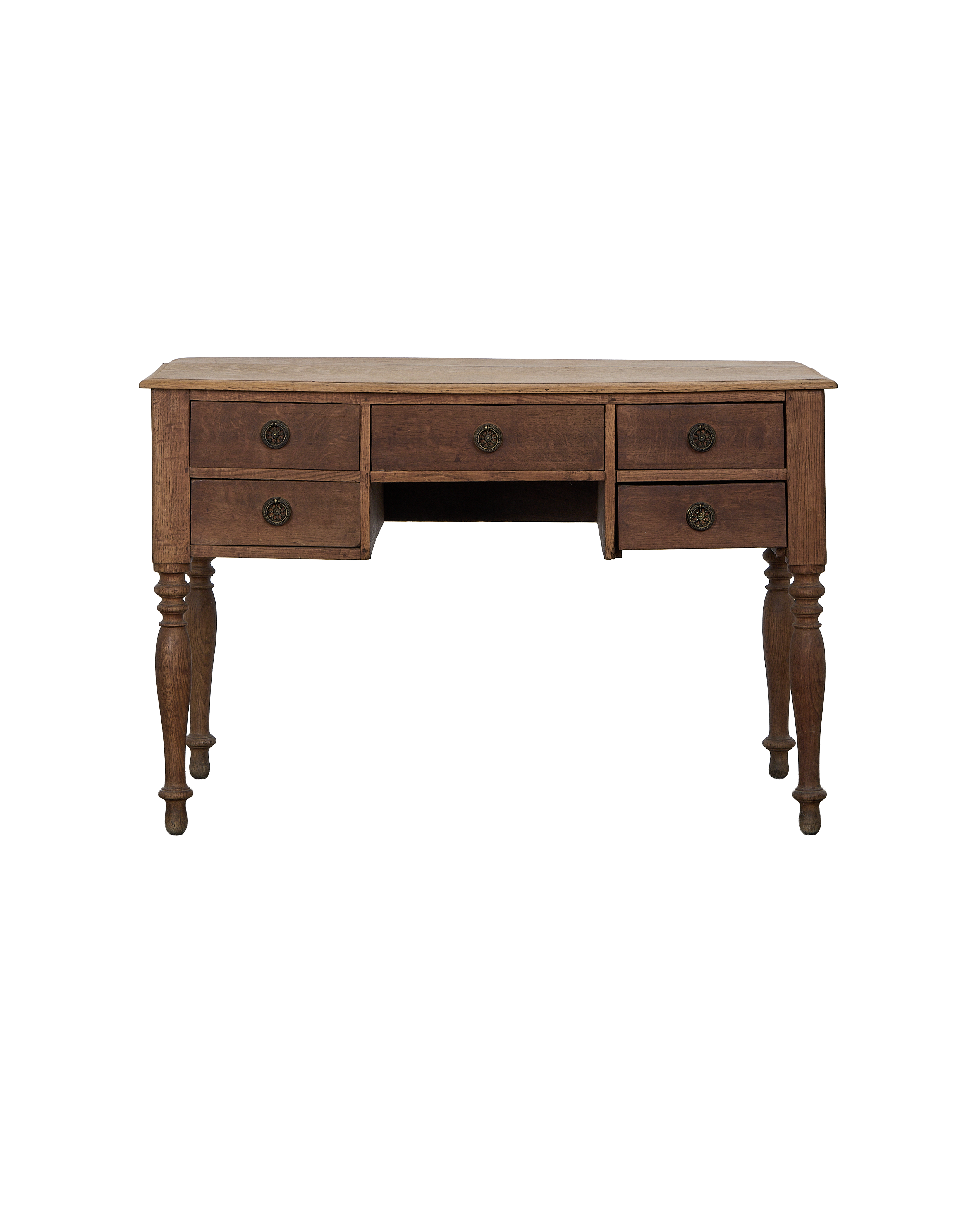Vintage French oak wood desk with five dark brass handle drawers.