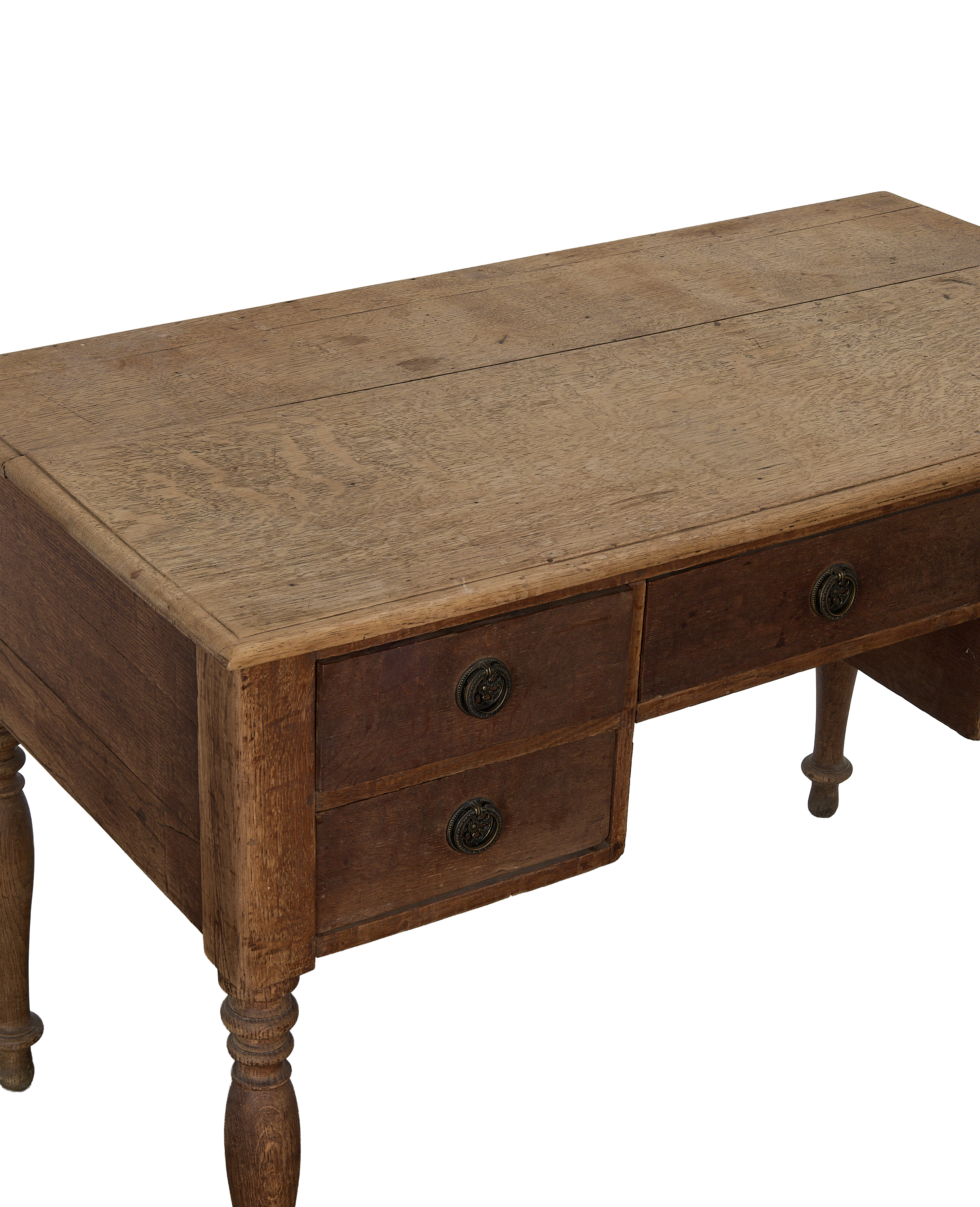 Vintage oak desk top and drawers from France, showing distressed wood texture.
