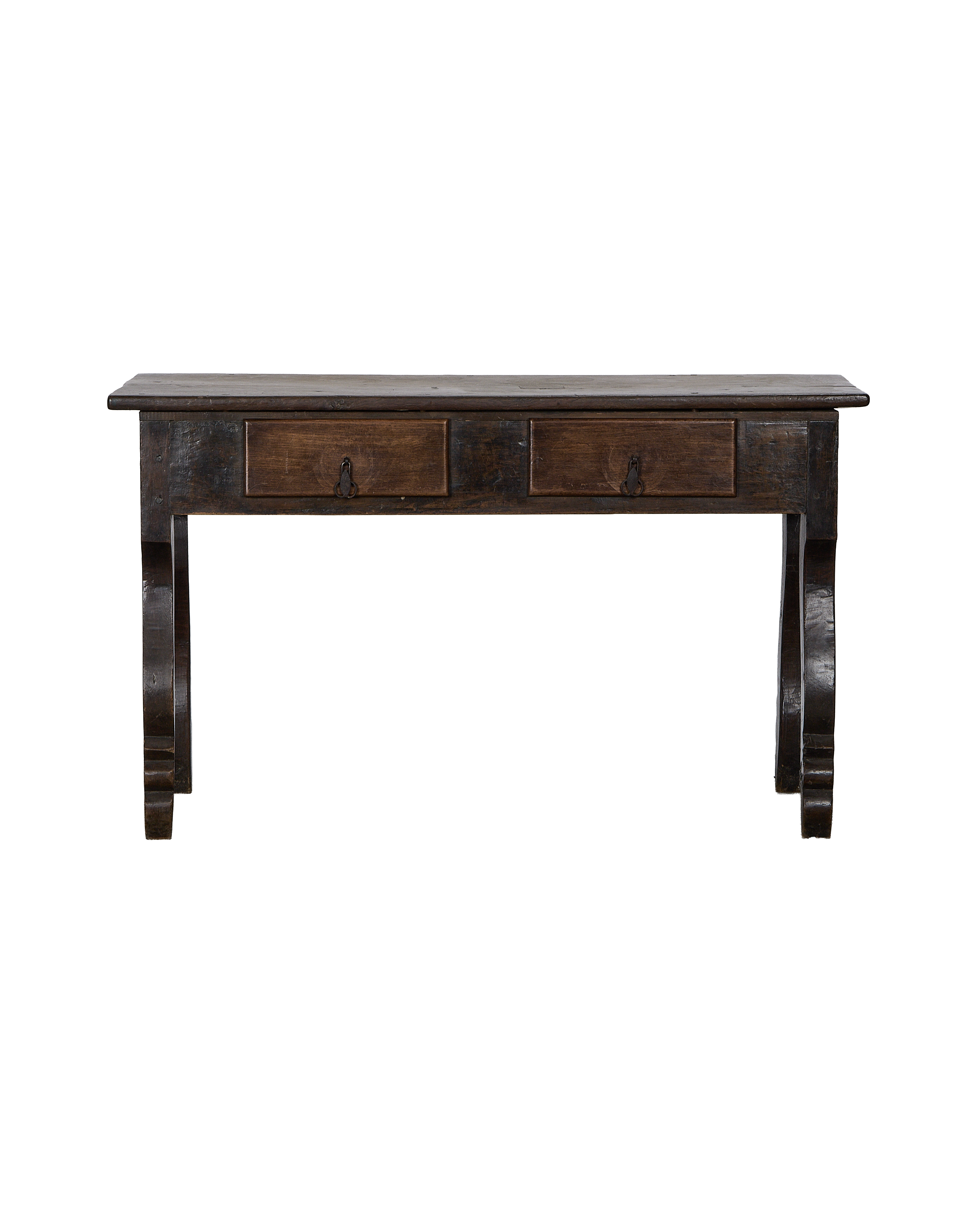 Vintage French oak drawer table with two drawers, dark distressed finish, and decorative metal pulls.