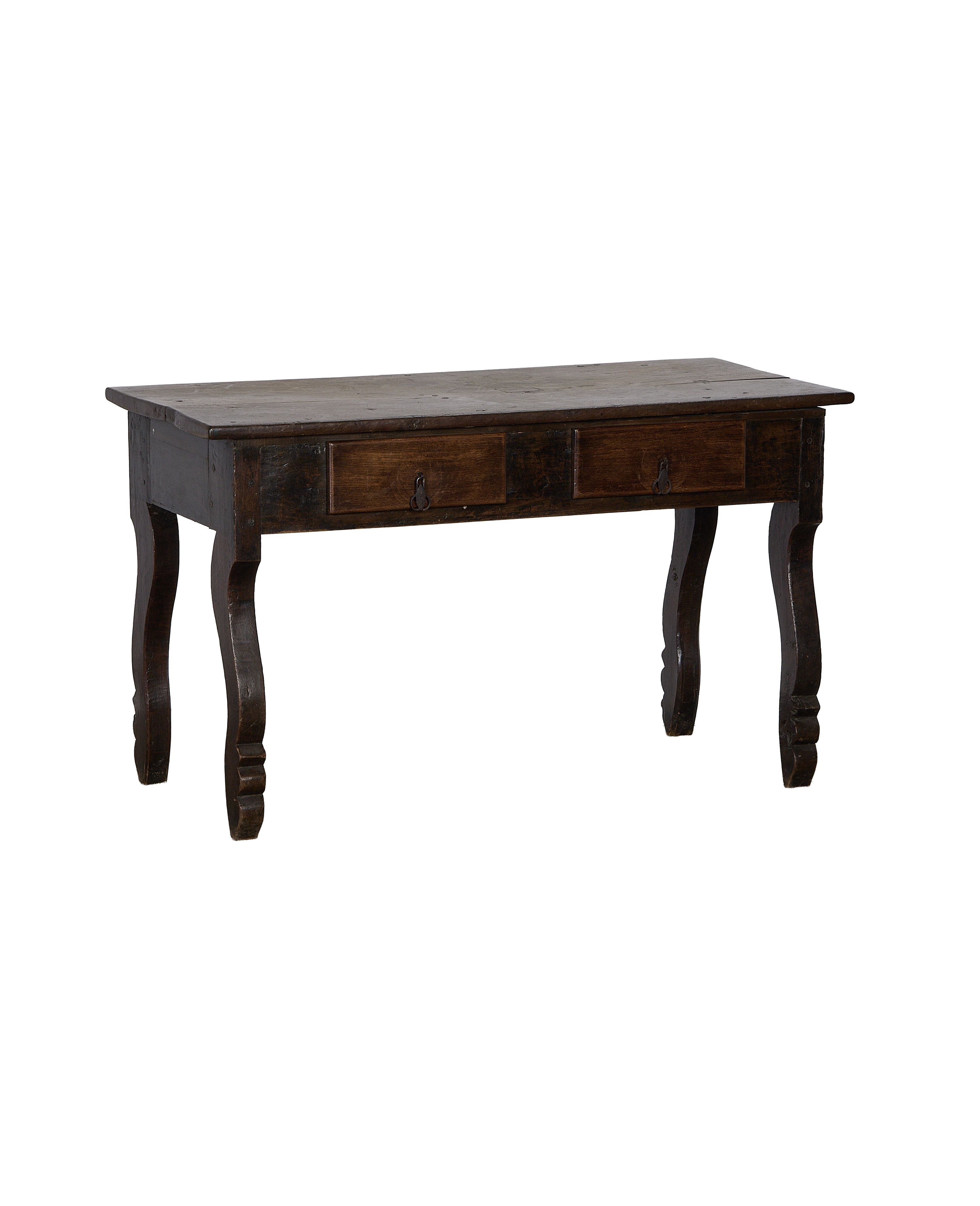 Vintage oak drawer table, front angle showing two distressed oak drawers.